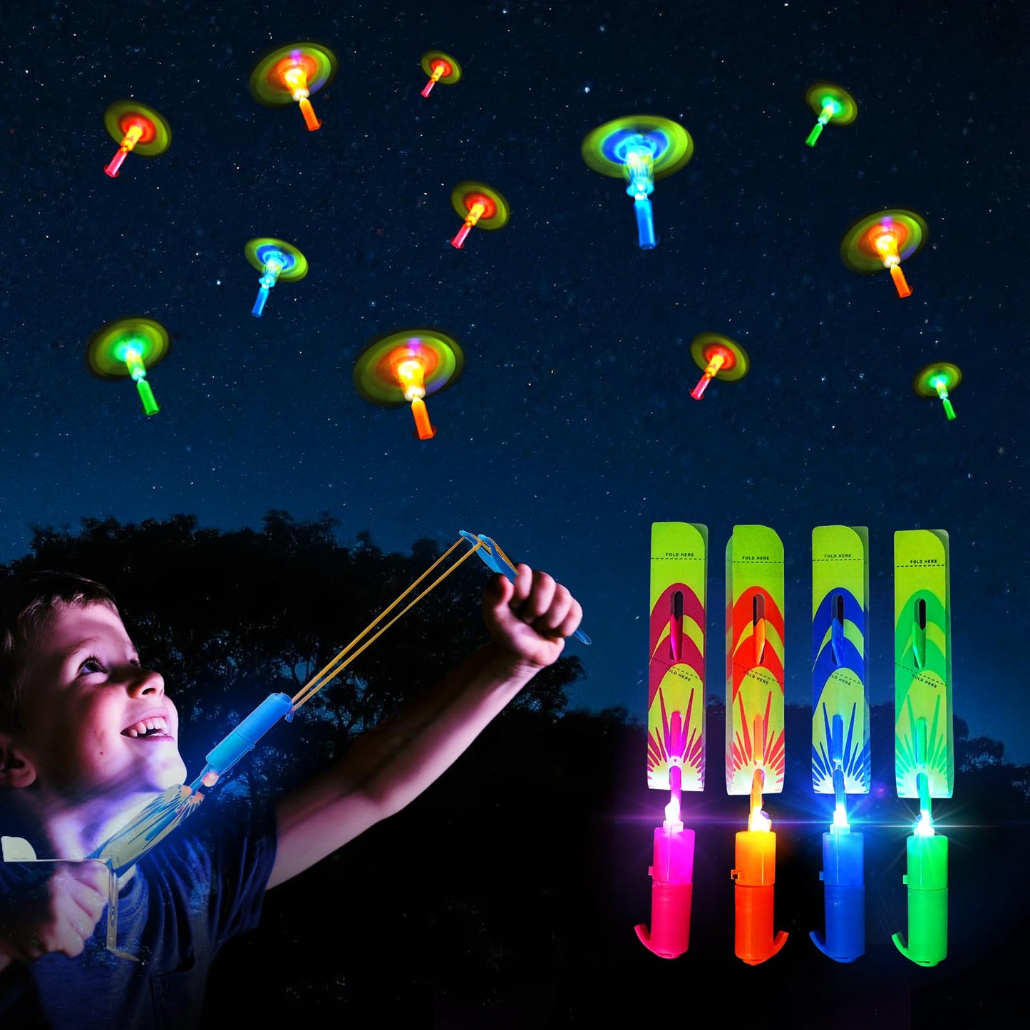 25-Pack LED Flying Toys Set with Whistle, Rocket Slingshot & Glow Arrow Helicopters – Glow-in-the-Dark Outdoor Toys for Kids 4-12