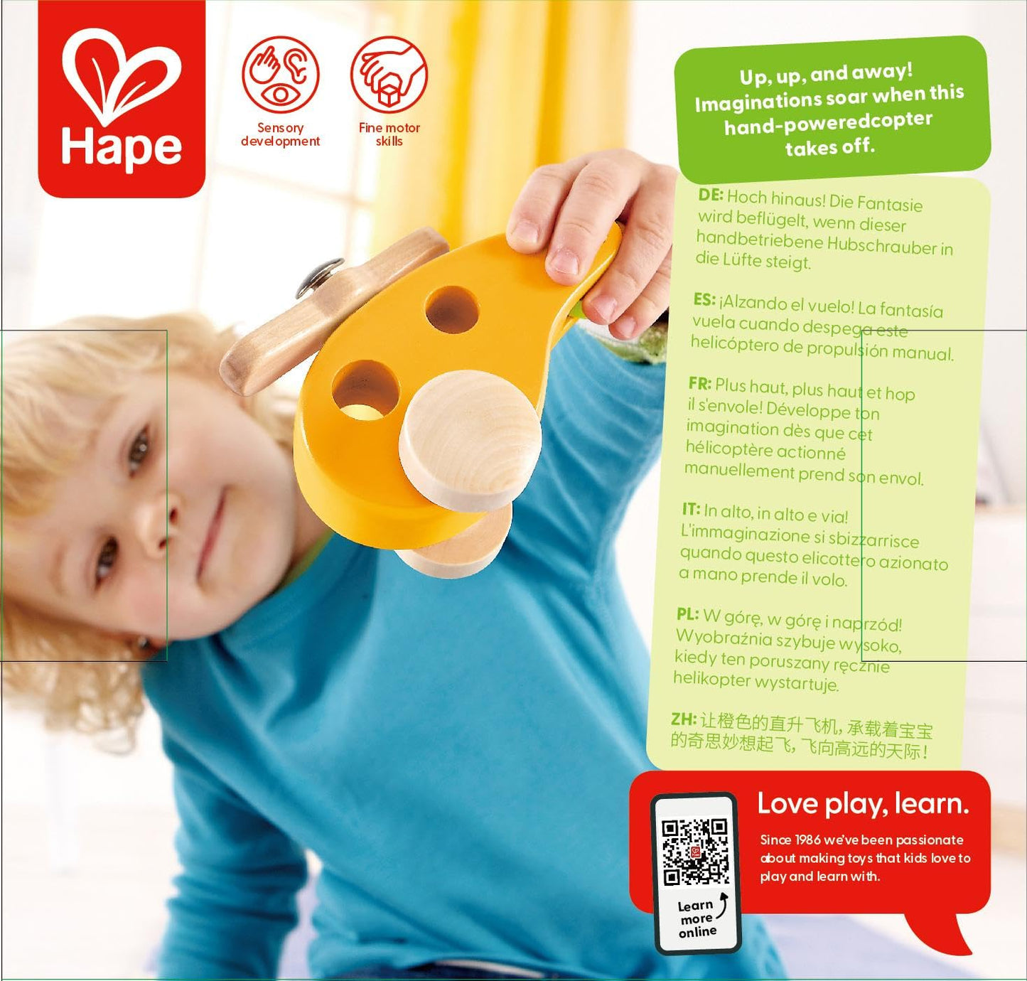 Hape Little Copter Wooden Toy Toddler Play Vehicle, L: 5, W: 2.6, H: 3.5 inch, Yellow