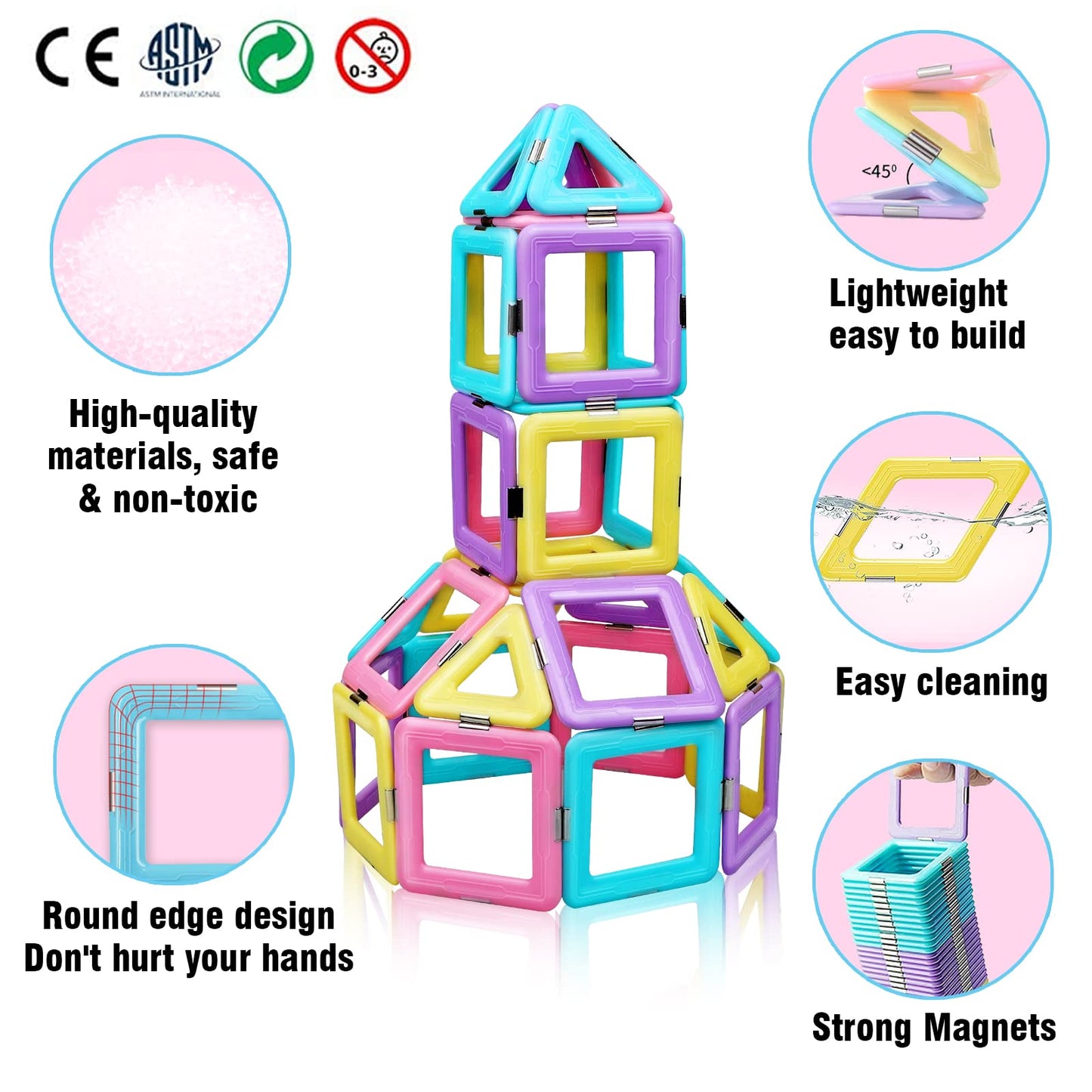 Magnetic Tiles Building Set for Kids 3-8+, STEM Castle Blocks, Macaron Colors, Creative Educational Toys, Birthday & Christmas Gift