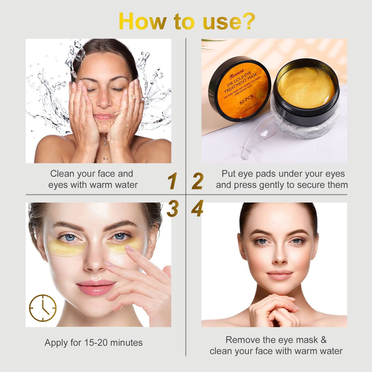Fivewan 24K Gold Under Eye Patches - 60pcs Collagen & Hyaluronic Acid Masks to Reduce Dark Circles, Puffiness & Wrinkles