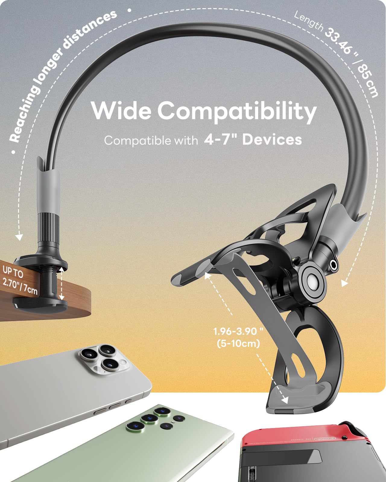 SAIJI Gooseneck Bed Phone Holder, Flexible Long Arm Phone Mount for Desk, Clip Bracket Clamp Stand, iPhone Stand, Mobile Cell Phone Stand Document Camera Nintendo Switch (Black)