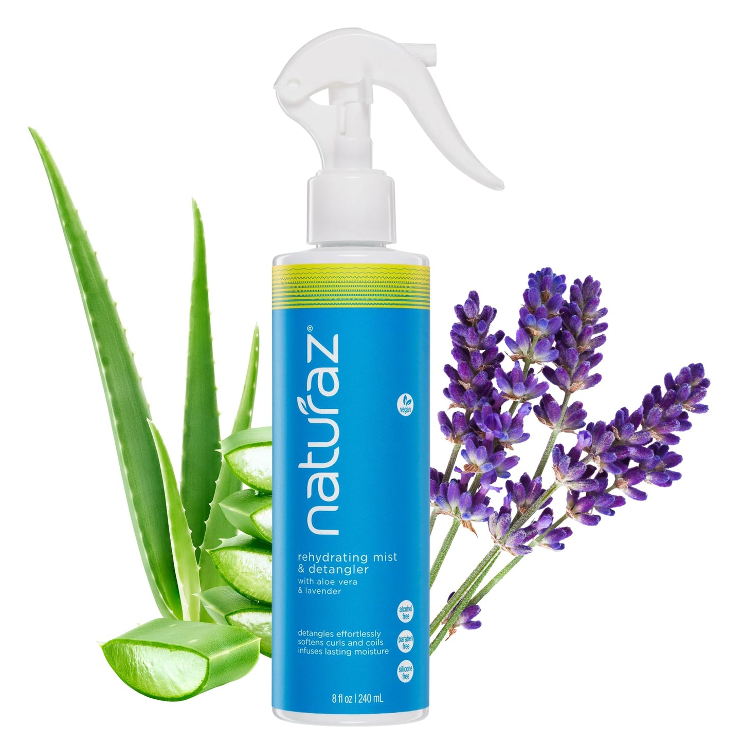 Naturaz Rehydrating Mist Detangler Spray – Leave-In Conditioner with Aloe Vera for Dry, Curly & Coily Hair – Moisturizing Vegan Formula – 8 fl oz