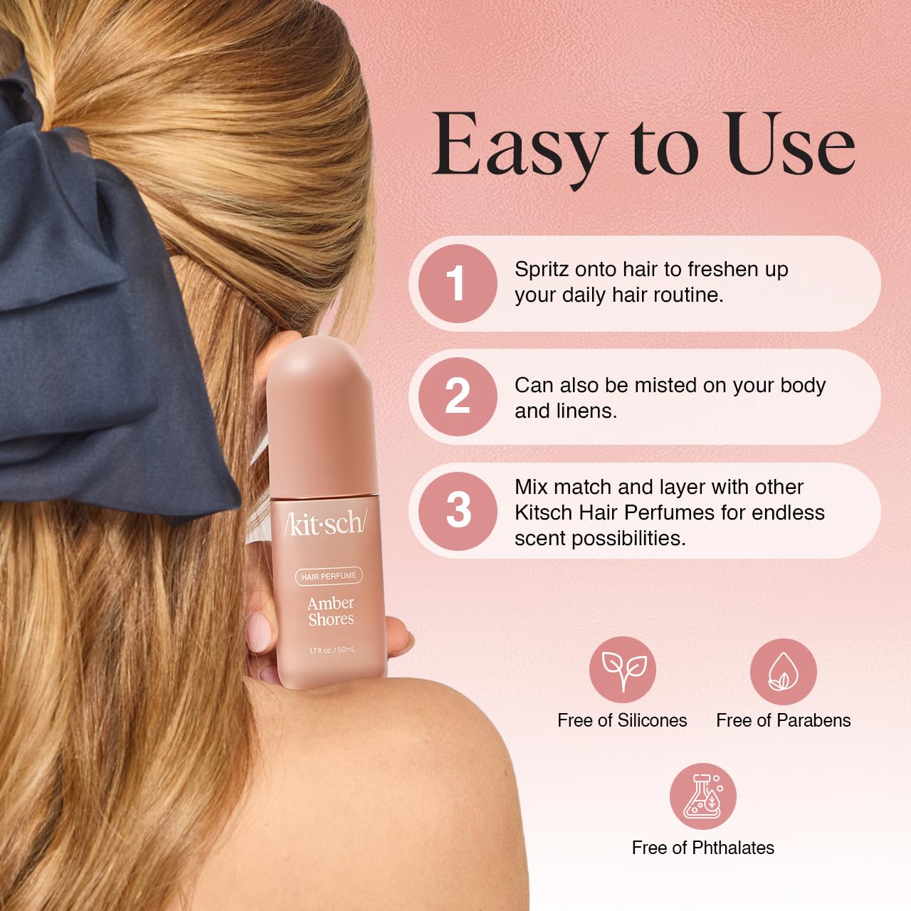 Kitsch Hair Perfume for Women - Amber Shores | Deodorizing Hair & Body Mist with Odor-Eliminating Tech | Woody Aquatic Fresh Scent, 50mL