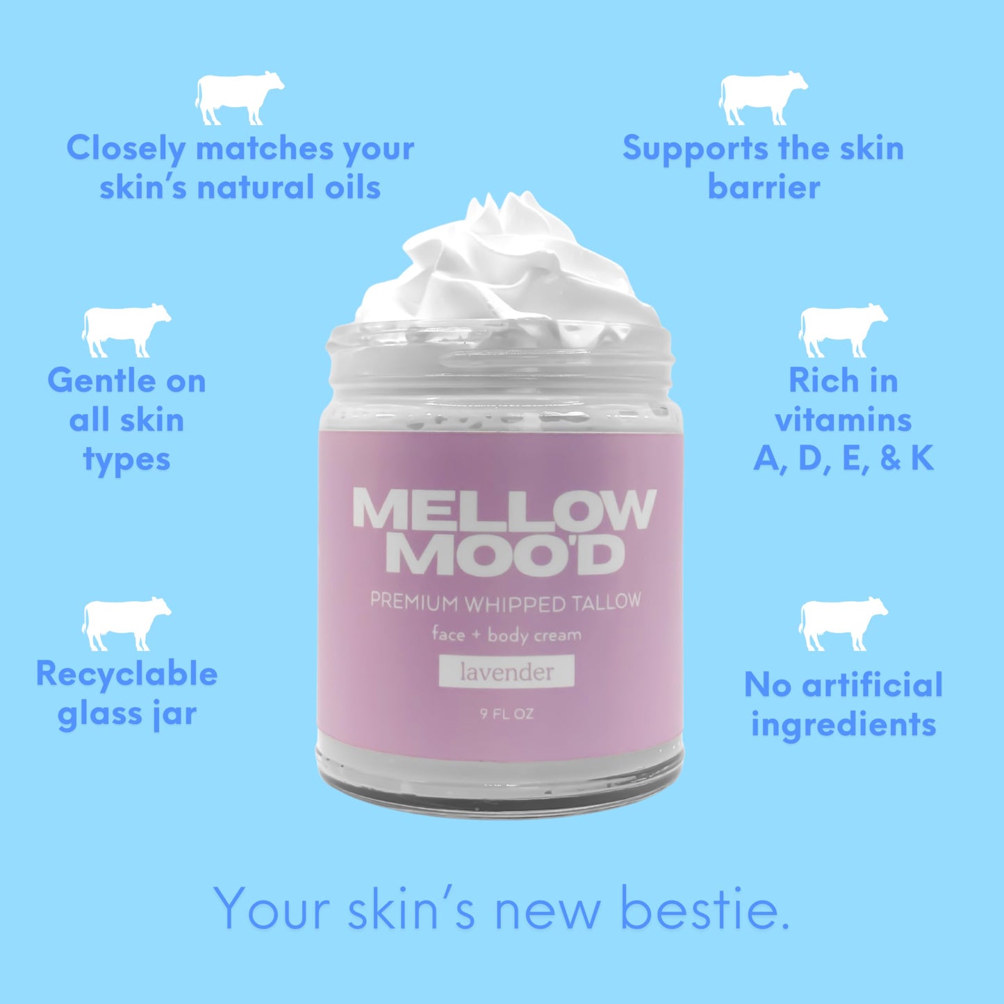 Mellow Moo'd Whipped Grass-Fed Beef Tallow Cream, 9oz Lavender – Natural Face & Body Moisturizer, Sensitive Skin Body Butter, Made in USA