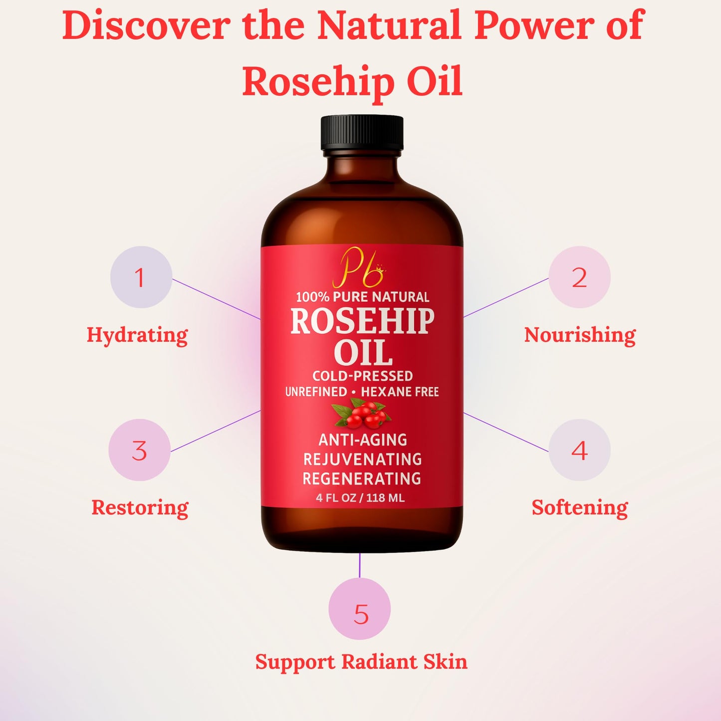 Pomberries Rosehip Oil – Cold-Pressed & Unrefined, Face, Skin & Hair Oil for Scars, Wrinkles, Stretch Marks, Daily Hydration & Massage, 4 fl oz