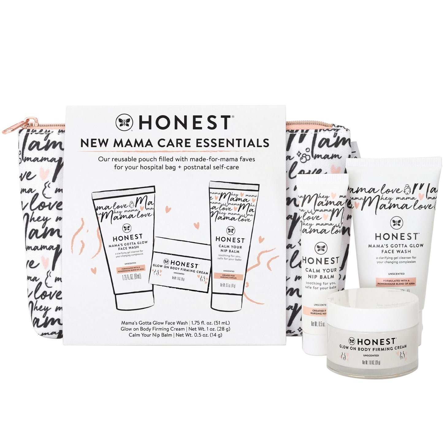 The Honest Company New Mama Care Essentials Gift Set | Hospital Bag Must Haves | Travel Size Nip Balm, Body Cream & Face Wash with Reusable Pouch