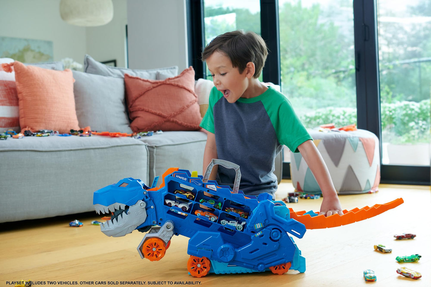 Hot Wheels City Toy Car Track Set, Ultimate T-Rex Transporter, Hauler Transforms into Stomping Dino with Race Track, from Netflix Series “Let’s Race”