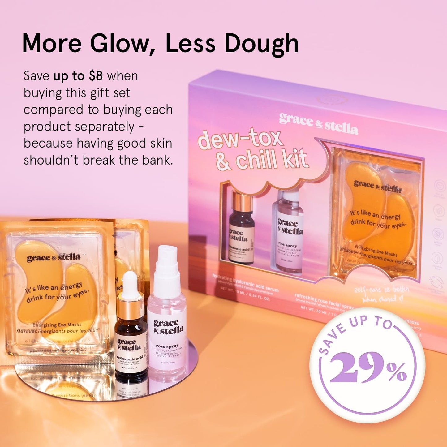 grace & stella Award-Winning Skincare Gift Set – Travel Essentials with Gold Eye Masks, Hyaluronic Acid Serum & Rose Spray – Holiday & Birthday Gift for Women