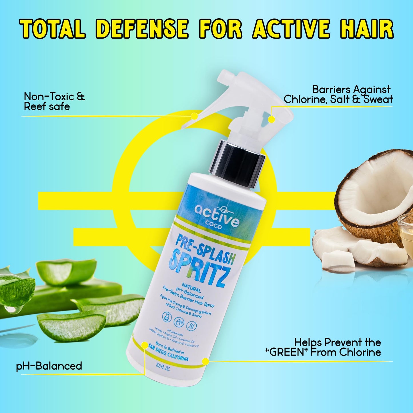 Active COCO Pre Swim Hair Protection Spray | Shields from Chlorine, Salt & Heat | Coconut Oil, Jojoba, Aloe & Vitamin E | pH Balanced, Made in USA