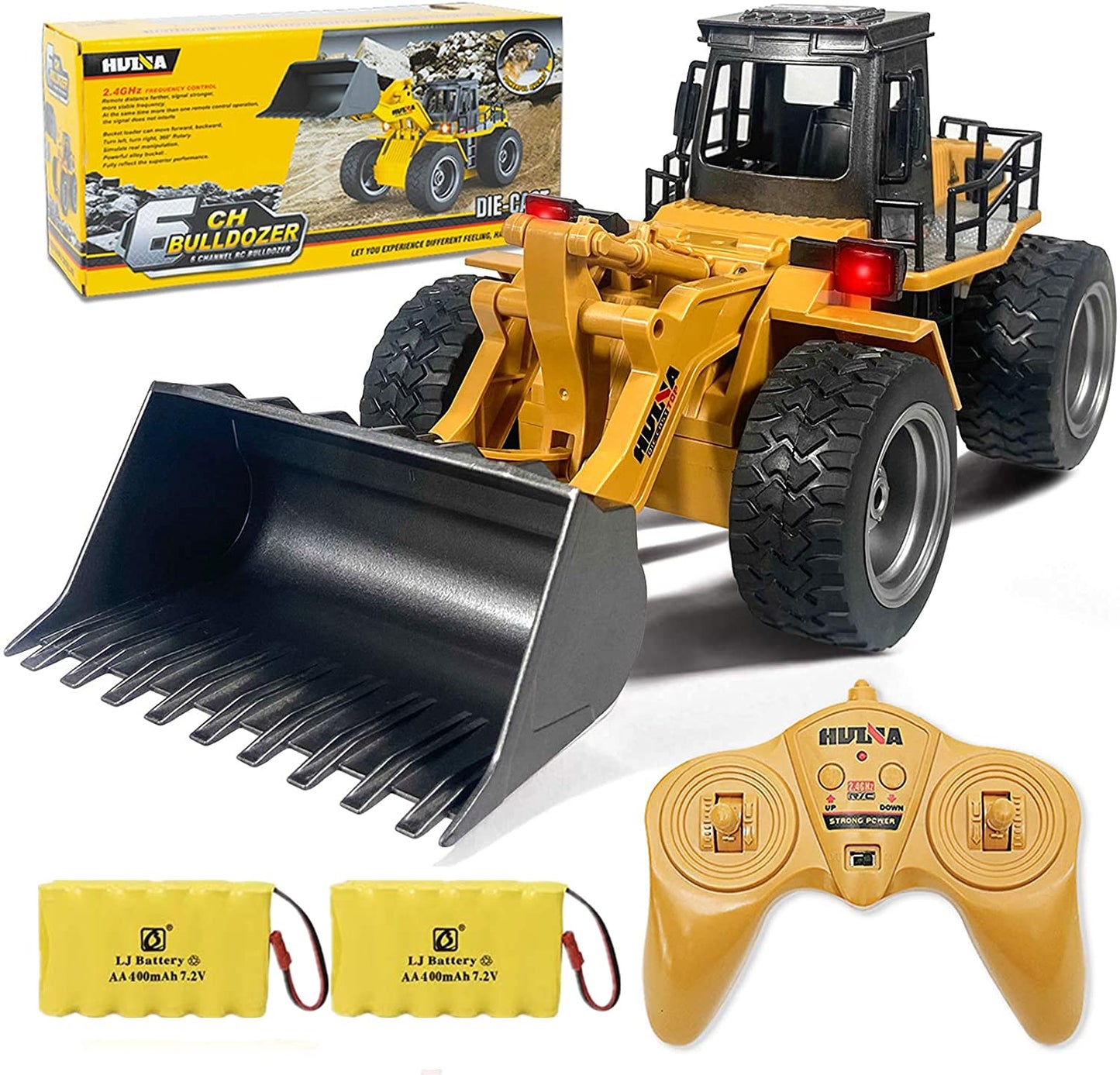 Remote Control Bulldozer Toy Truck 1:18 Scale, 4WD RC Front Loader Construction Vehicle for Kids 6+, Comes with 2 Rechargeable Batteries