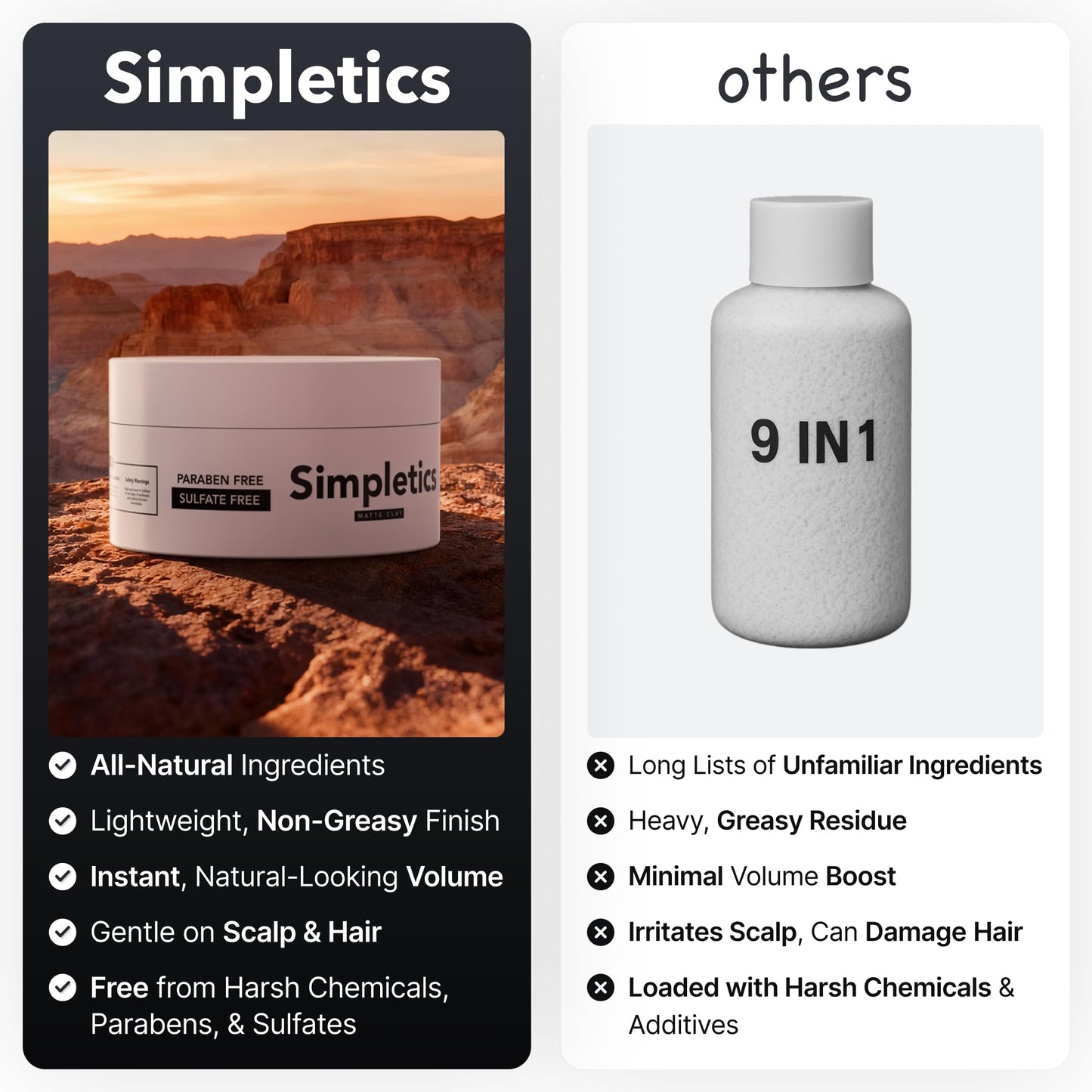 Simpletics Hair Clay for Men | Vanilla Scent | Natural 6-Ingredient Matte Styling Clay with Beeswax & Coconut Oil | Strong Hold, Non-Greasy, Adds Texture & Volume | 2oz