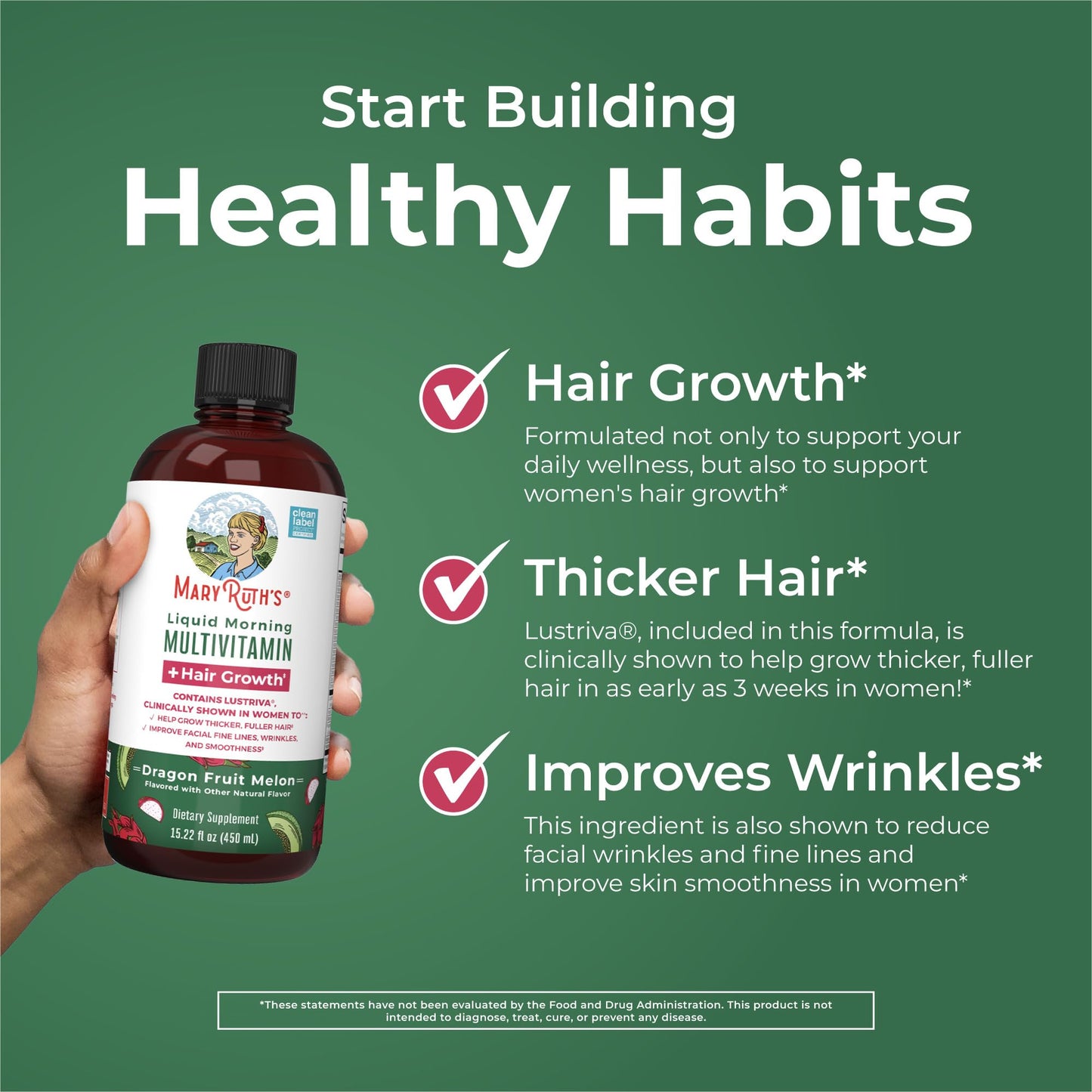 MaryRuth's Liquid Multivitamin + Hair Growth | Biotin 10000mcg | Lustriva Supplement for Thicker Hair & Smooth Skin | Clinically Tested | 15.22 Fl Oz