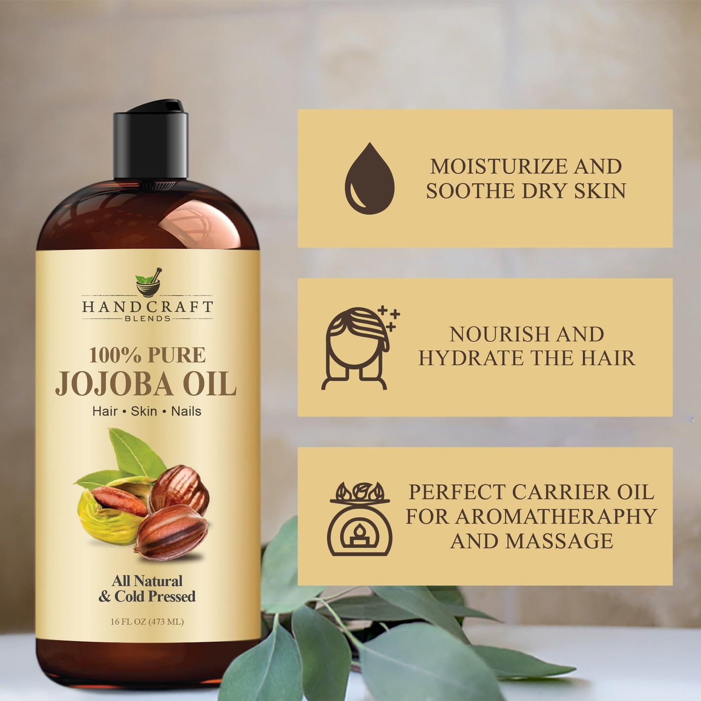 Handcraft Blends 100% Pure Jojoba Oil, Cold-Pressed 16 Fl Oz – Natural Carrier Oil for Skin, Hair & Body Massage – Hexane-Free, Curl Relaxer