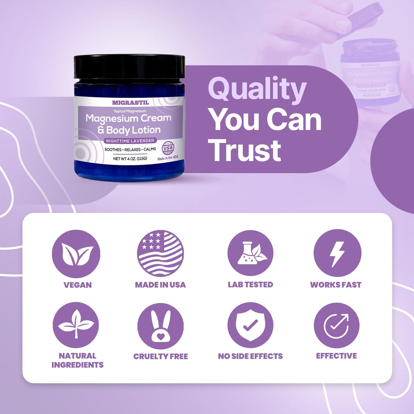 MIGRASTIL Nighttime Lavender Magnesium Cream & Non-Greasy Lotion, 250mg Extra Strength, Muscle Relief, Leg Cramps, Relaxation, Vegan USA