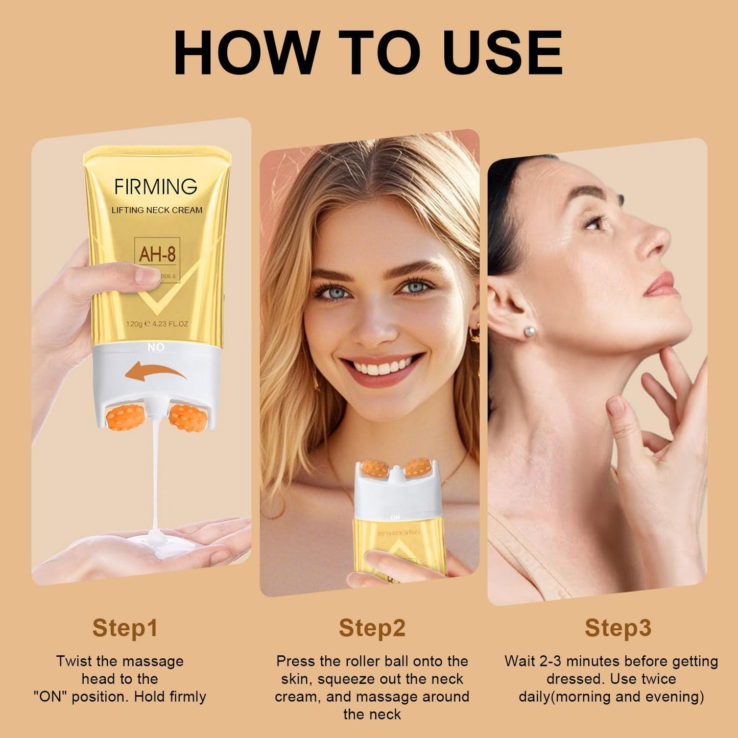 AH-8 Neck Firming Cream with Roller – Deep Moisturizing, Lifts & Firms Crepey Skin for Men & Women, 4.21 FL OZ, Gold