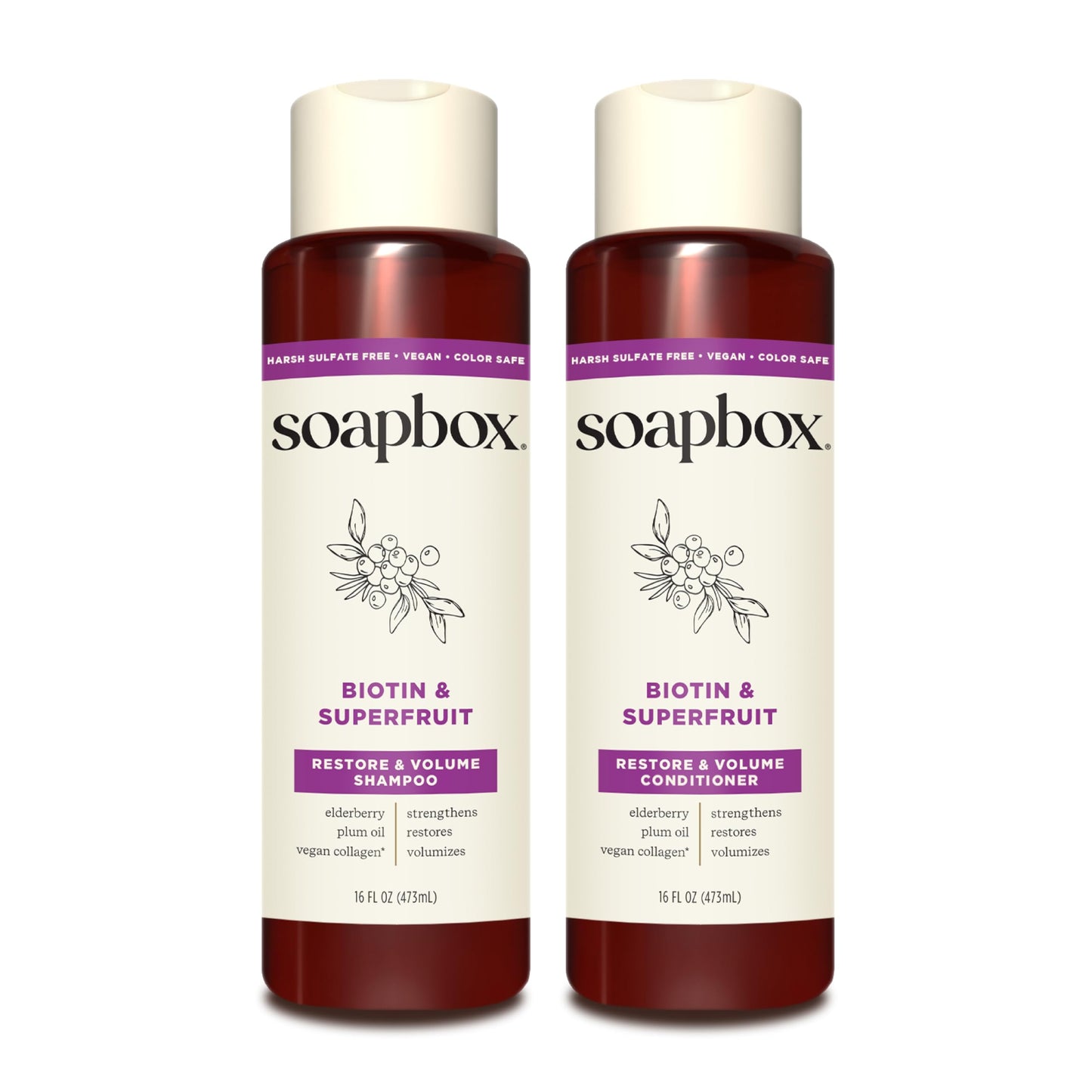 Soapbox Biotin & Superfruit Shampoo & Conditioner Set with Vegan Collagen, Aloe & Shea Butter, Sulfate & Paraben Free, 16 oz Each, 2 Pack