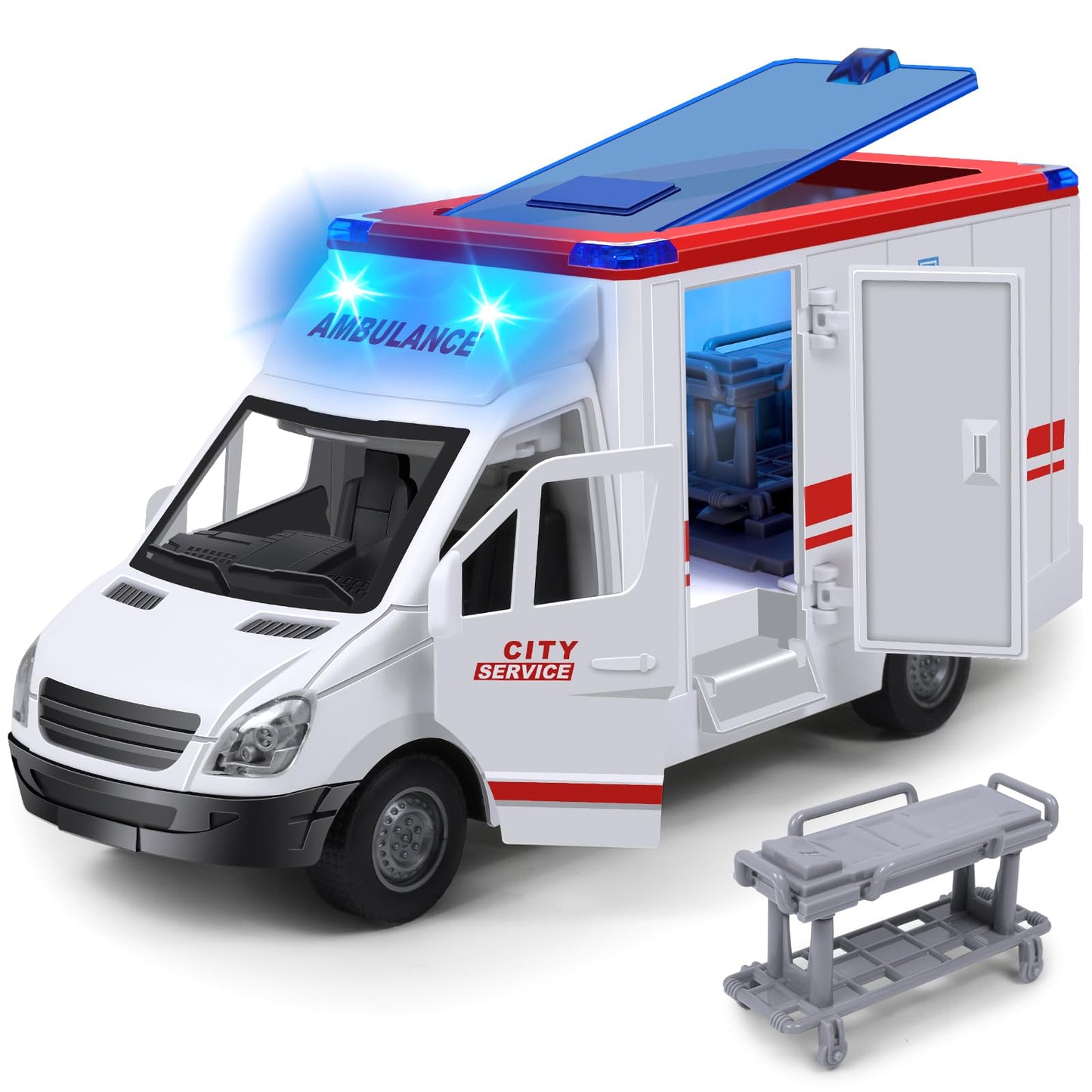 Friction-Powered Toy Ambulance for Kids 3-5, 4 Flashing Lights & Sound, Opening Doors, Hospital Playset Birthday Gift for Boys & Girls