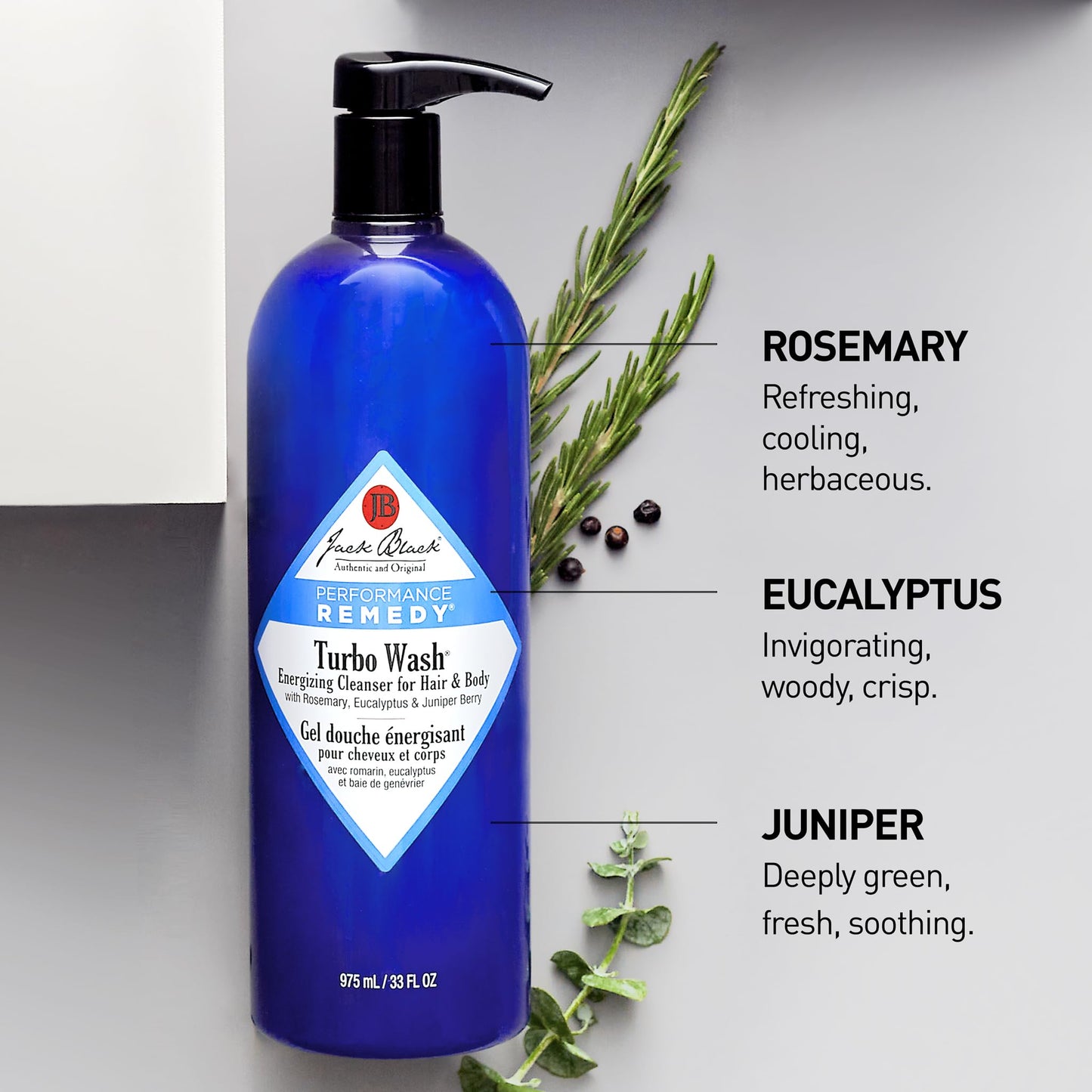Jack Black Turbo Wash 33oz – Energizing Men's Body & Hair Cleanser with Rosemary, Eucalyptus & Juniper Berry, Sulfate-Free Dual Wash