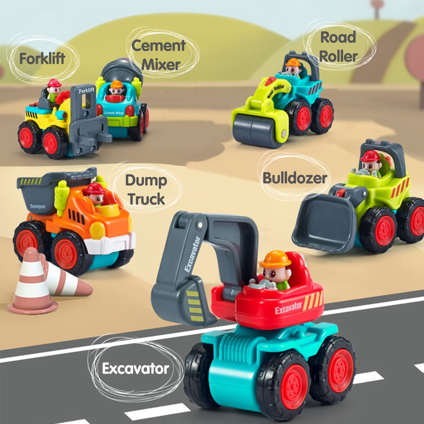 iPlay iLearn Toddler Construction Trucks Set with Playmat – Mini Push Go Cars, Excavator, Dump & Bulldozer, Gifts for 6-36 Month Boys