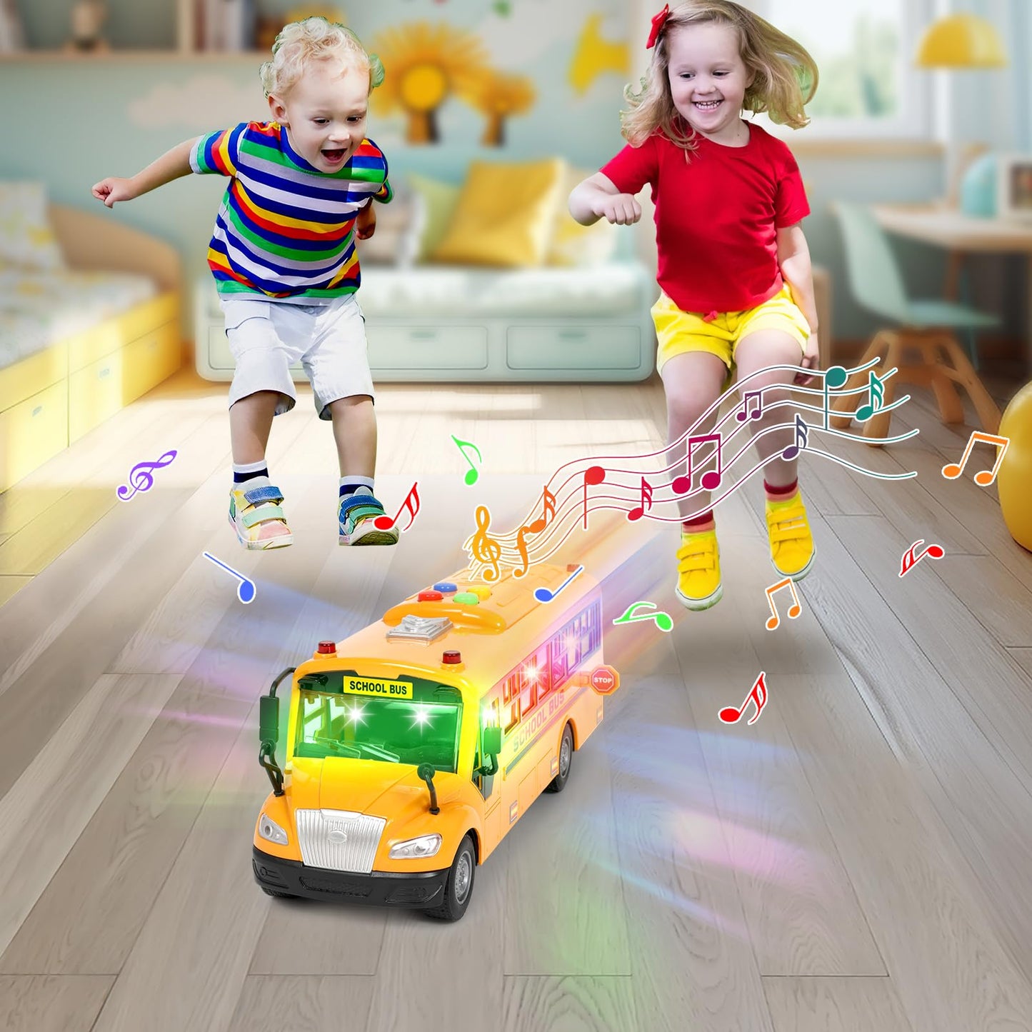 Yellow School Bus Toy for Toddlers 1-3 – Friction-Powered, Light & Sound, Back & Side Doors Open, Flashing Lights, Birthday Gift for Kids