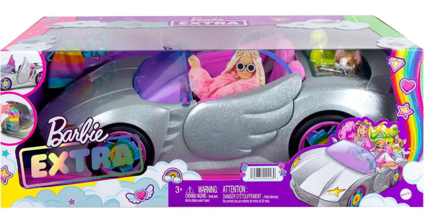 Barbie Extra Toy Car with Fashion Accessories & Puppy, Sparkly Silver 2-Seater Convertible with Hood Storage & Pet Pool, Sized for Fashion Dolls