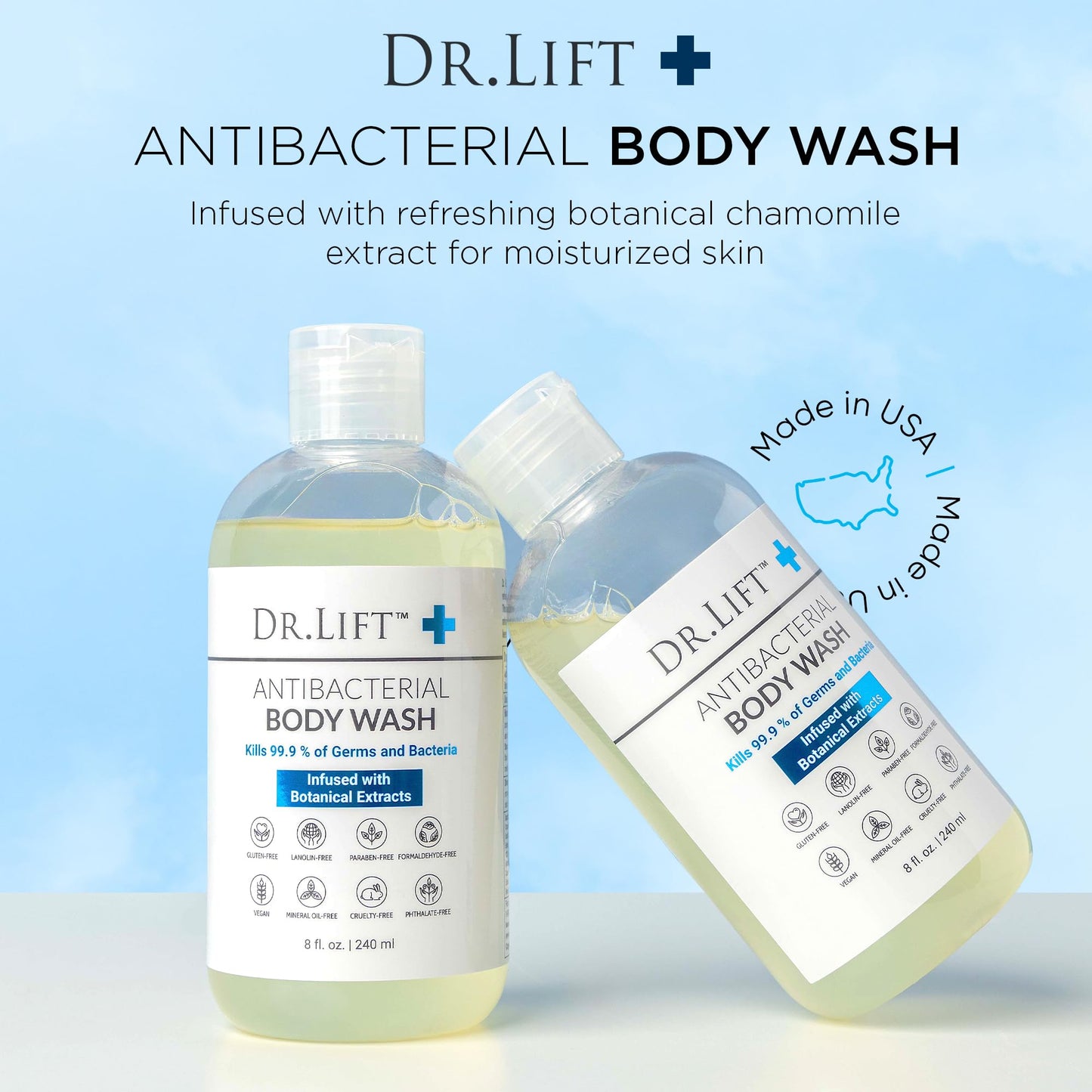 Dr. Lift Antibacterial Body Wash 8oz – Kills 99.9% Germs, Botanical Extracts, Liquid Soap for Men & Women, Made in USA