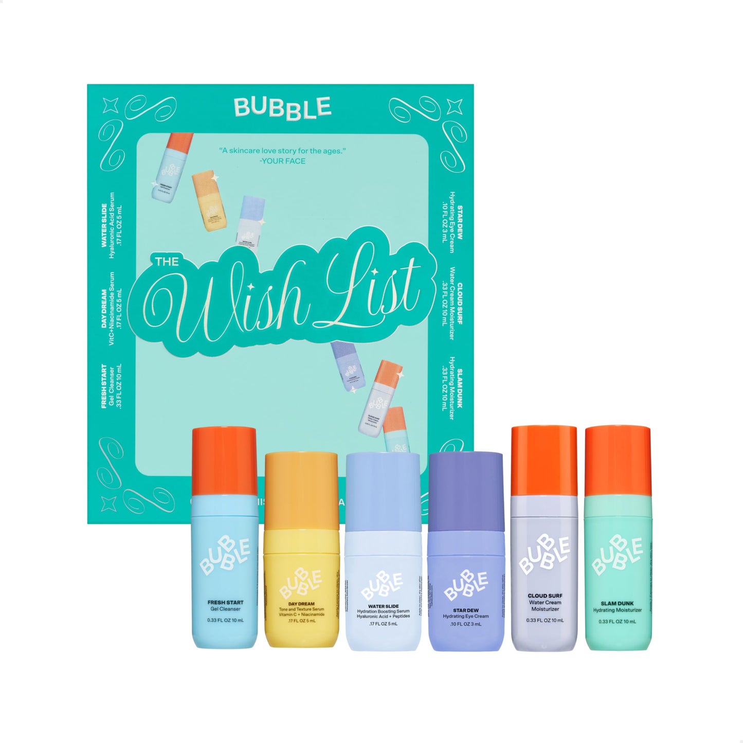 Bubble Skincare The Wish List Mini Gift Set – Travel Size Gel Cleanser, Vitamin C & Hyaluronic Serum, Eye Cream & Moisturizers (6pc)