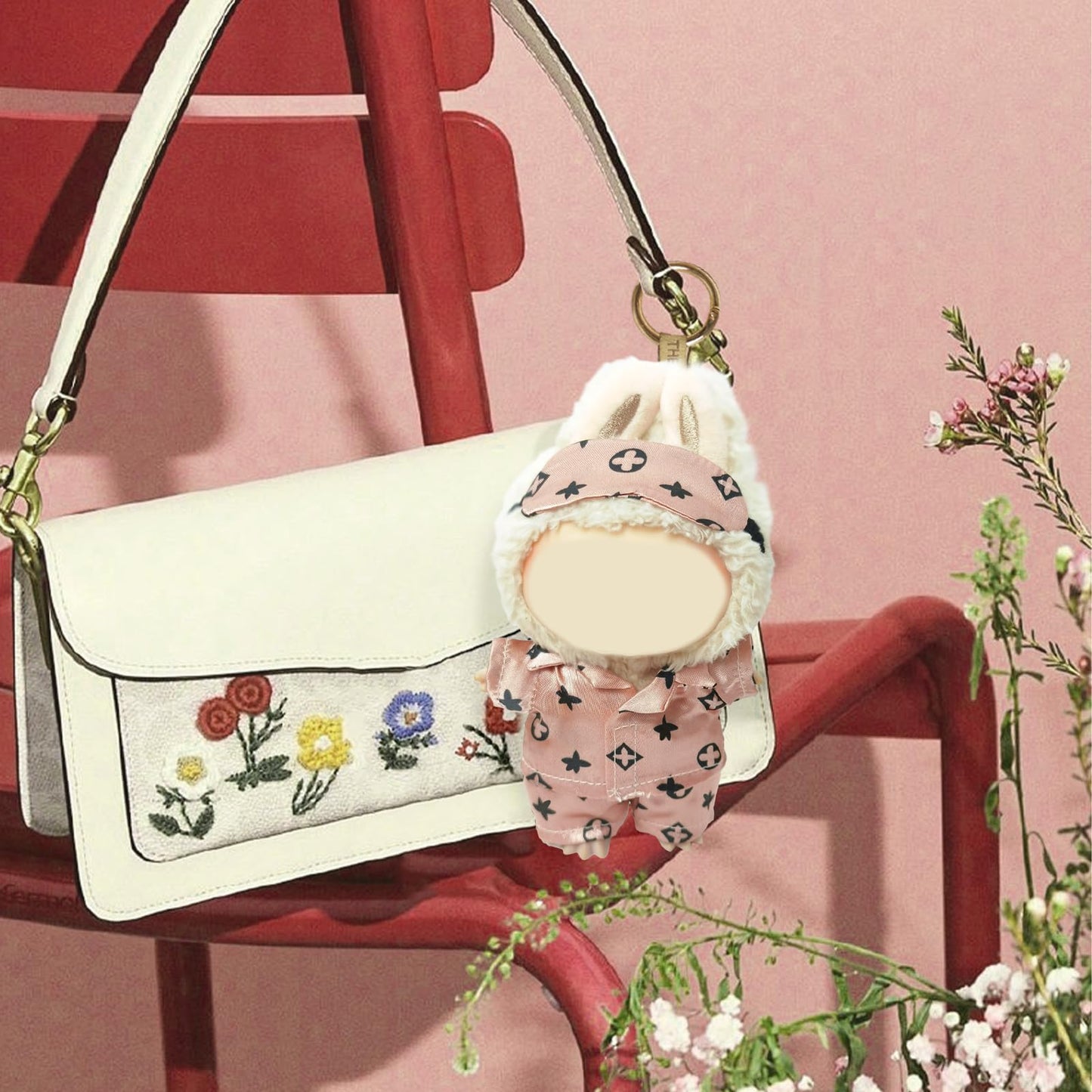 LABUBU Doll Clothes 3PCS Set, 17cm Cozy Night Pajamas, Stylish Designer Outfit & Accessories, No Doll Included (Rosy Sleepwear)