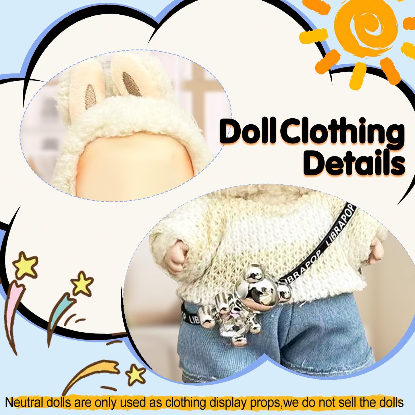 17cm Doll Clothes(NO Doll), Cute Dolls Outfit Accessories with Sweater + Denim Jeans + Pants, Small Kawaii Clothes Set for Dolls(Style 4)