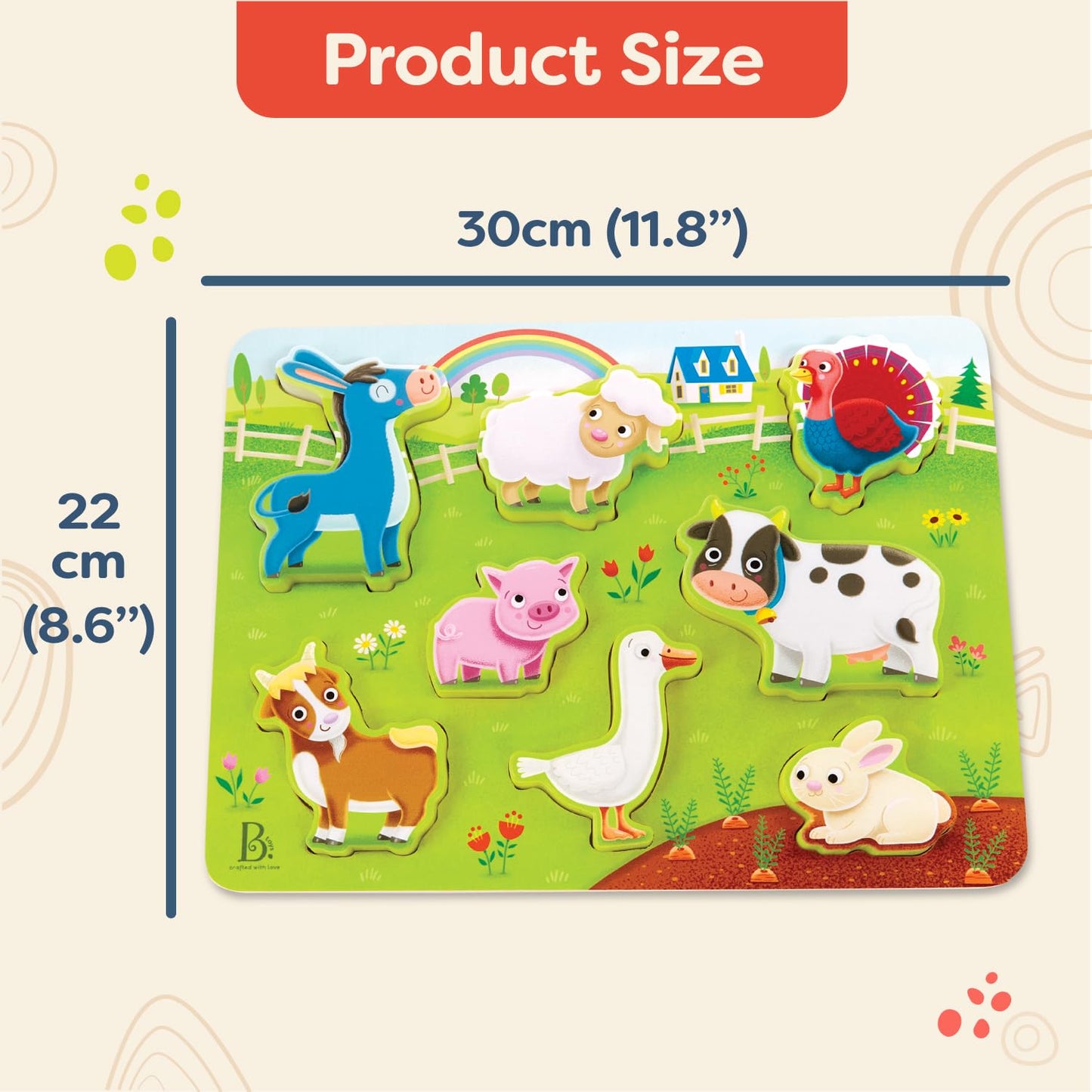 B. toys – Peek & Explore 3 – Pack – Farm, Sea, Dinos – Chunky Puzzle 3 – Pack – Wooden Puzzles – 8 Pieces Each – 2+ Years