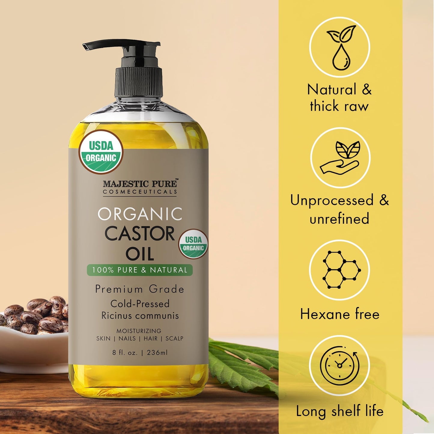 Majestic Pure Organic Castor Oil – 100% Pure, Cold Pressed & Hexane Free – USDA Certified, Moisturizes Hair, Lashes, Brows & Nails, 8 Fl Oz