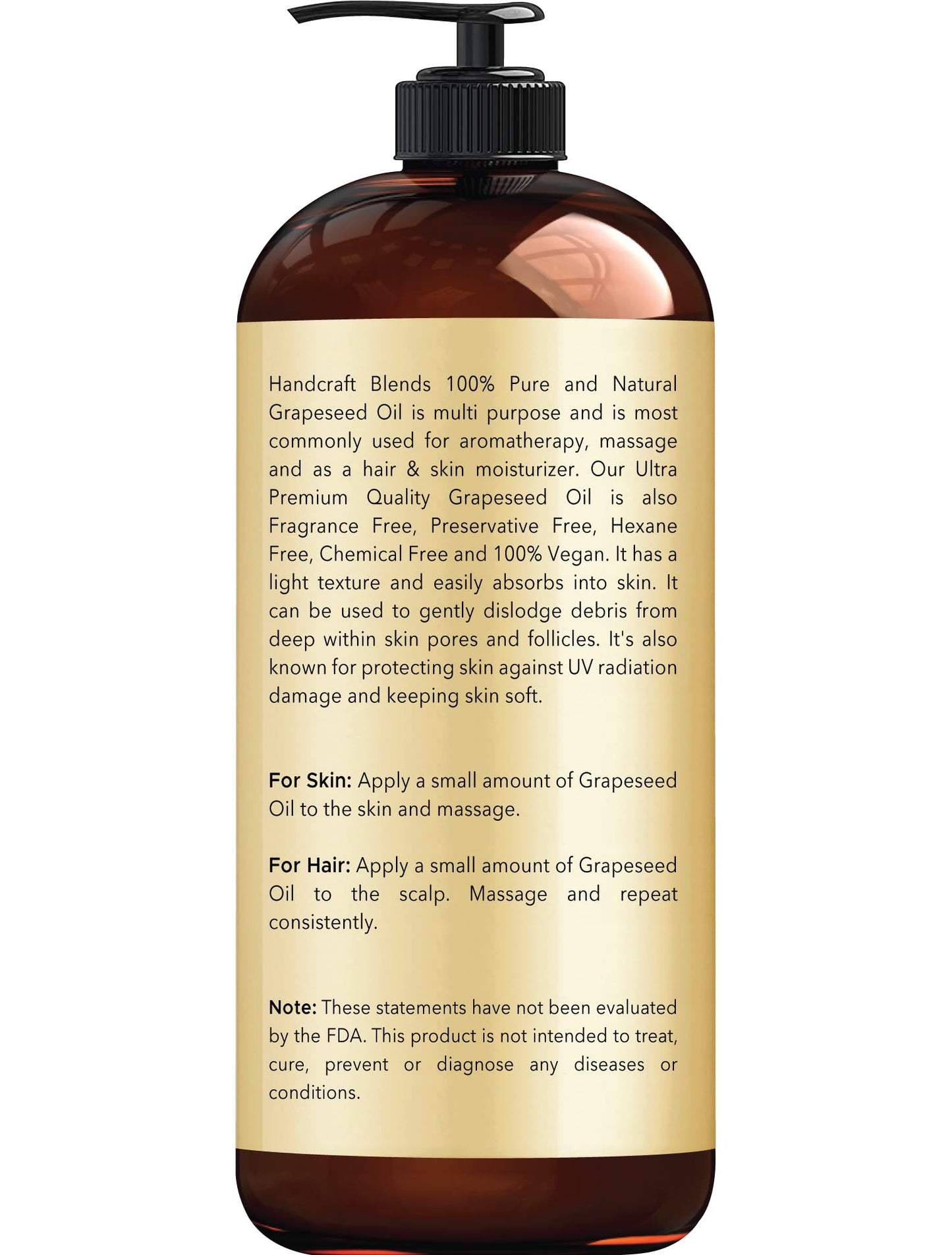 Handcraft Blends Grapeseed Oil 16 fl oz – 100% Pure Cold-Pressed Carrier Oil for Skin, Hair & Body, Massage, Hexane-Free, Natural & Premium