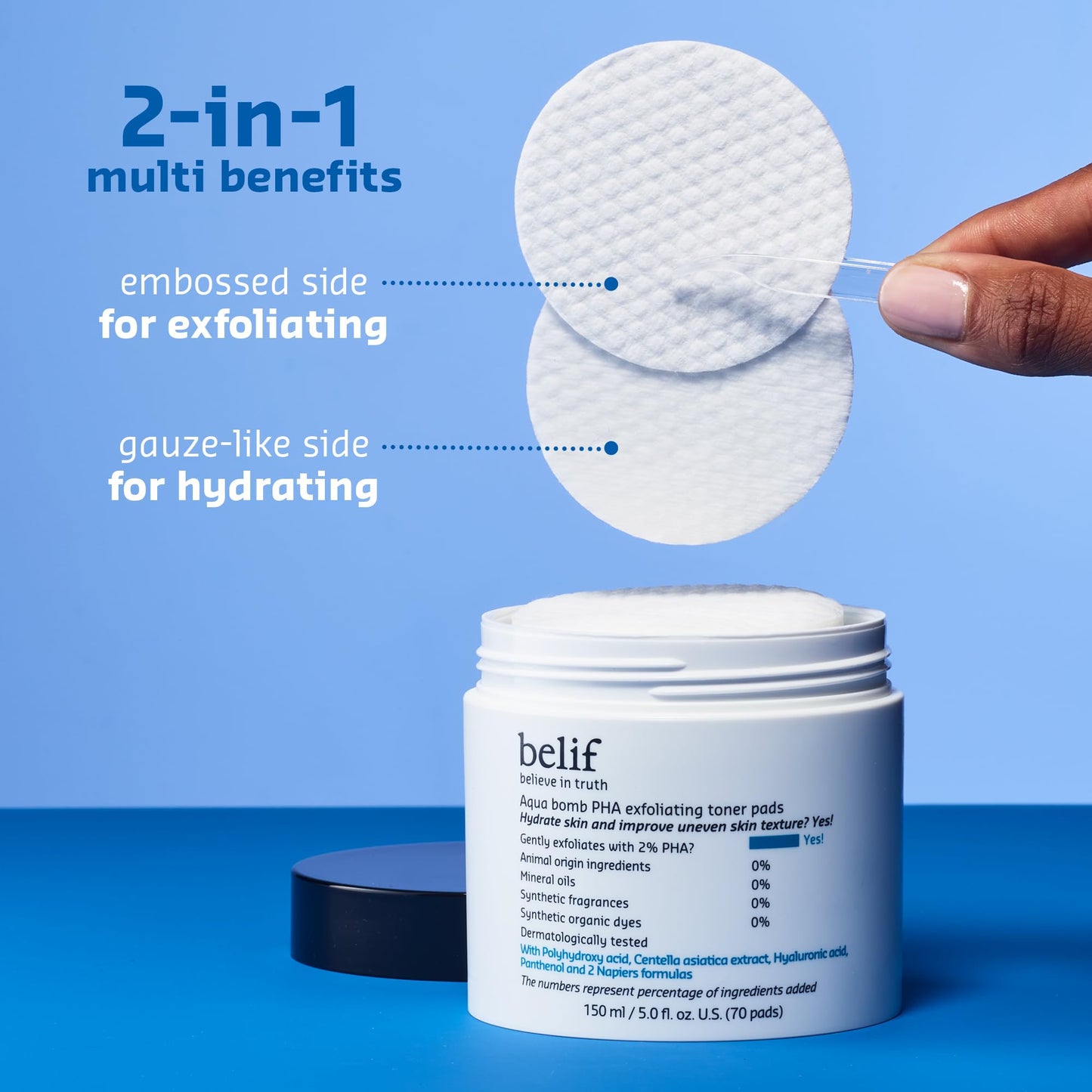 belif PHA 2% Toner Pads – Gentle Exfoliating, Hydrating & Soothing Facial Pads with Panthenol & Cica, Double-Sided, 70 Count