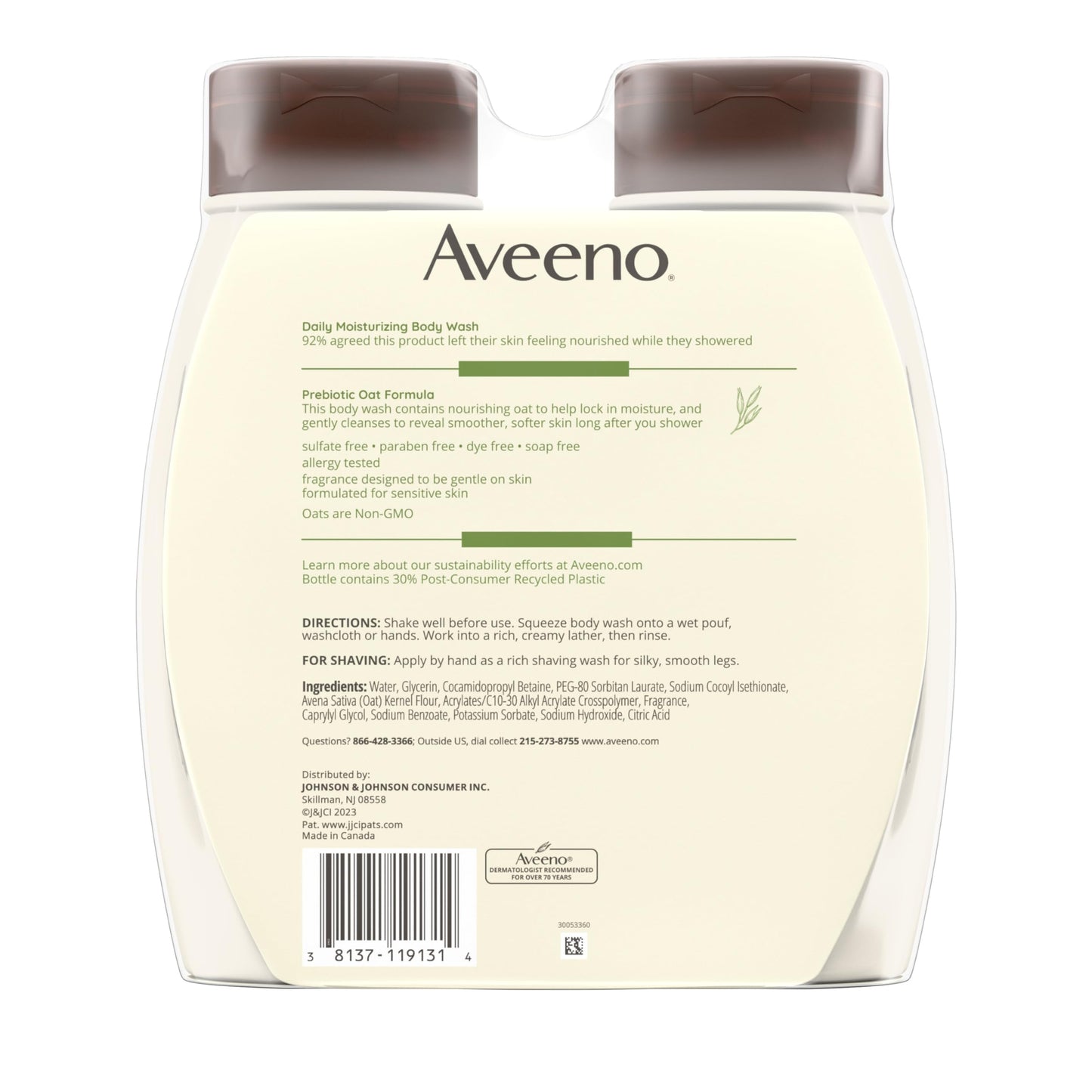 Aveeno Daily Moisturizing Body Wash & Shaving Gel – Gentle, Clean-Rinsing for Softer, Smoother Skin, Lightly Scented, 18 fl oz, 2-Pack