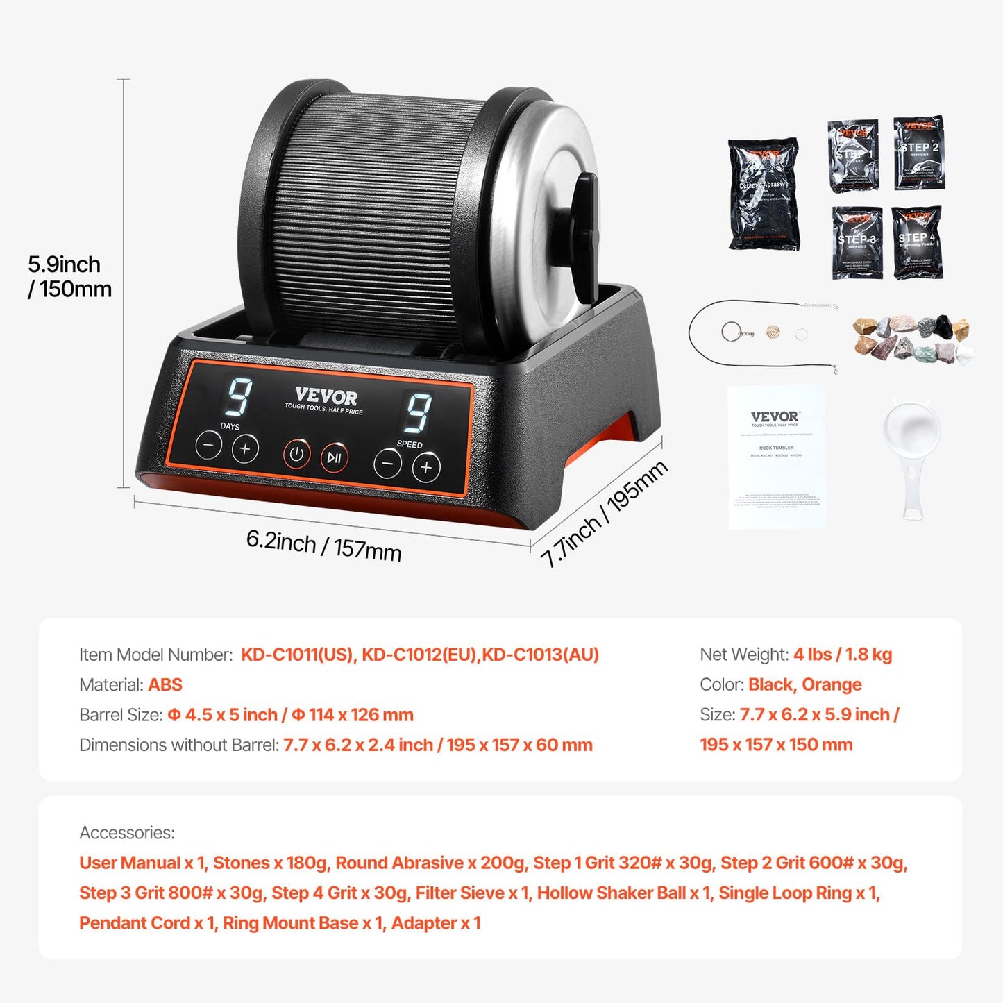 VEVOR 2.5 lbs Rock Tumbler Kit – 9-Speed, 9-Day Stone Polisher with Rough Gemstones & Polishing Grits for Adults & Kids