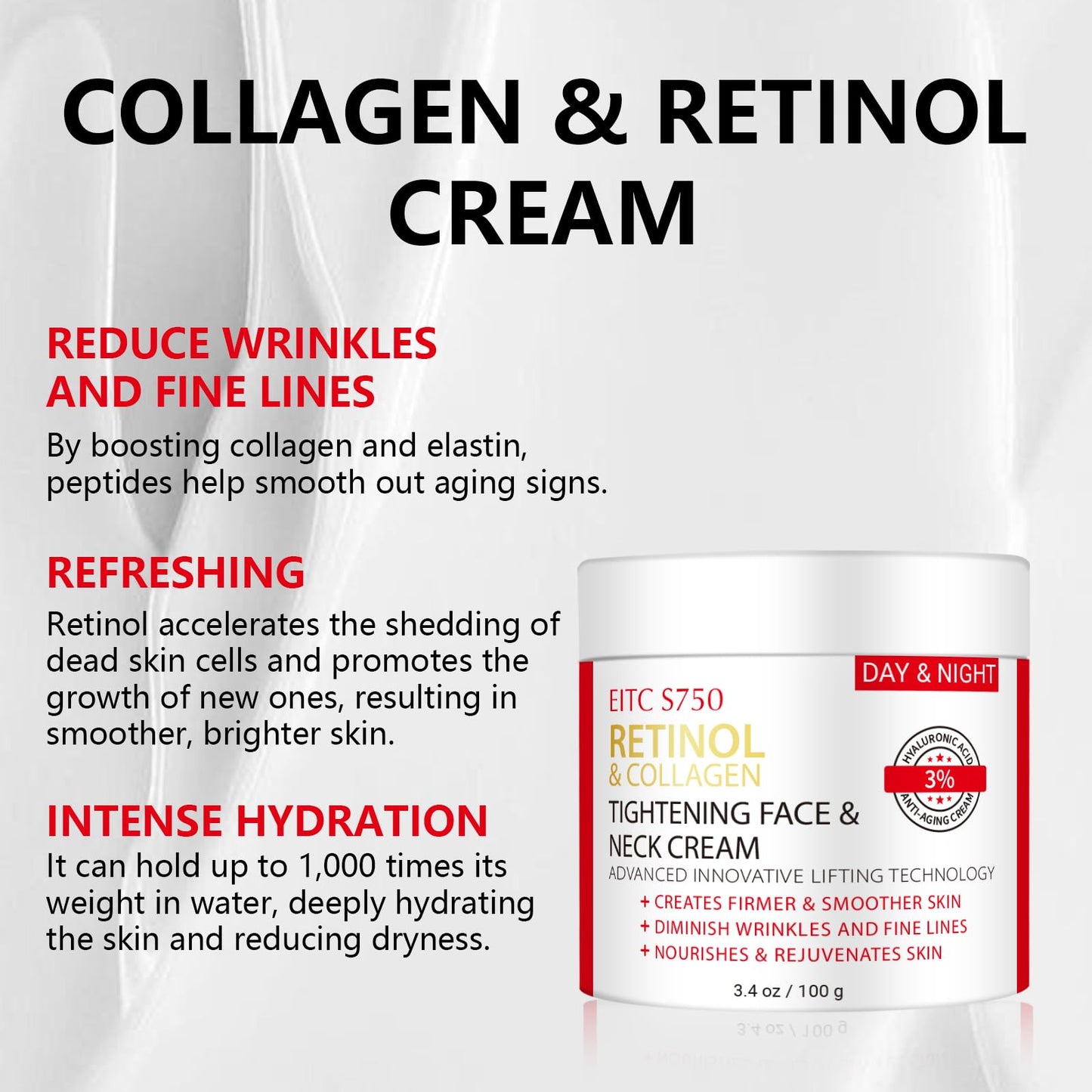 Retinol Face & Neck Cream – Anti-Aging, Firming & Tightening with Collagen & Hyaluronic Acid, Instant Lift & Wrinkle Repair, 3.4 fl. oz