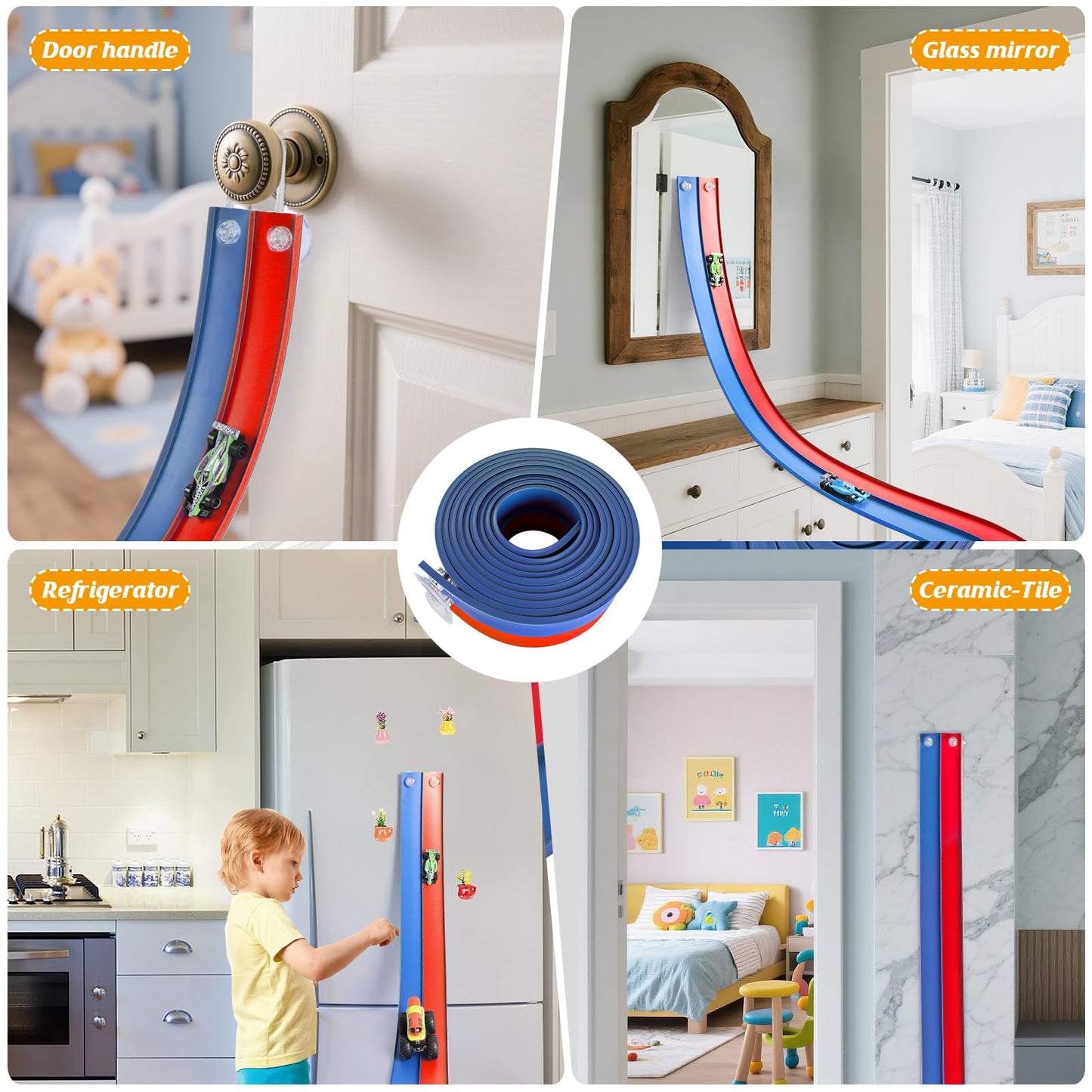 Flexible 15ft Race Car Track Starter Set with Suction Cups & 1:64 Diecast Cars, Blue & Red Double Track, Rolls Up for Kids 3+