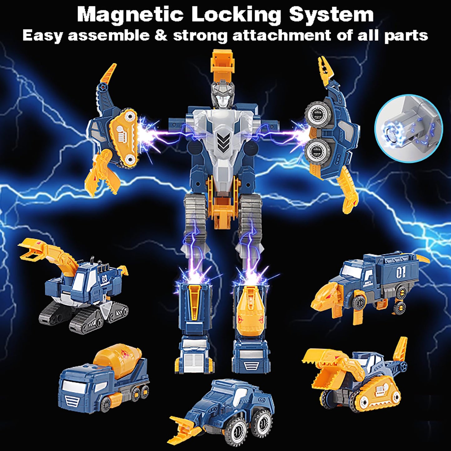 Toddler Construction Car Transform Set - 5PCS Dinosaur Rescue Robots with Magnetic Connectors, DIY STEM Trucks Toy for Kids 3-7