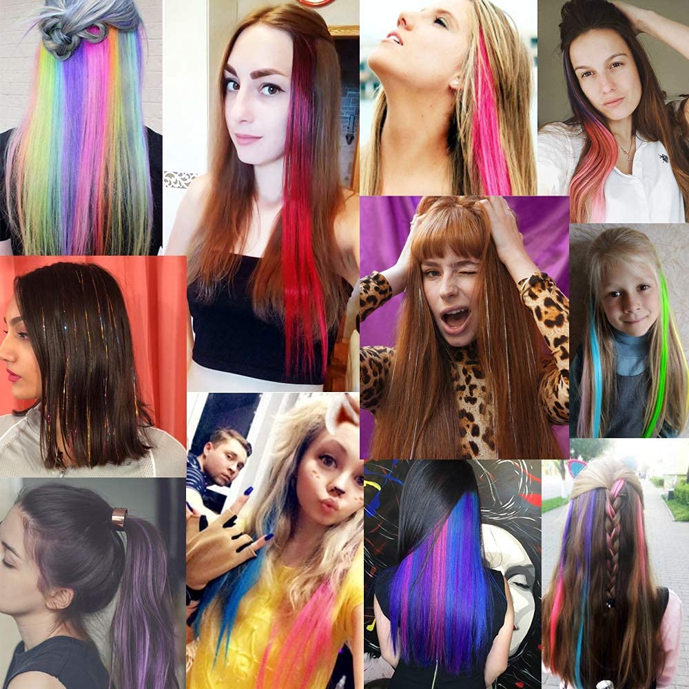 KGBFASS 32 Pack Colored Hair Extensions 20" – Rainbow Clip-In Synthetic Highlights for Girls, 16 Vibrant Colors, Straight Party Hair Pieces