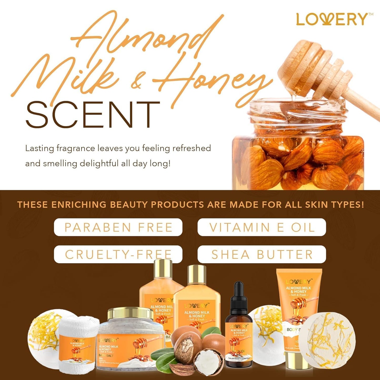 10-Pc Almond Milk & Honey Gift Basket for Women β Spa, Bath & Self-Care Set, Relaxing Pampering Kit for Birthday, Mom, Anniversary