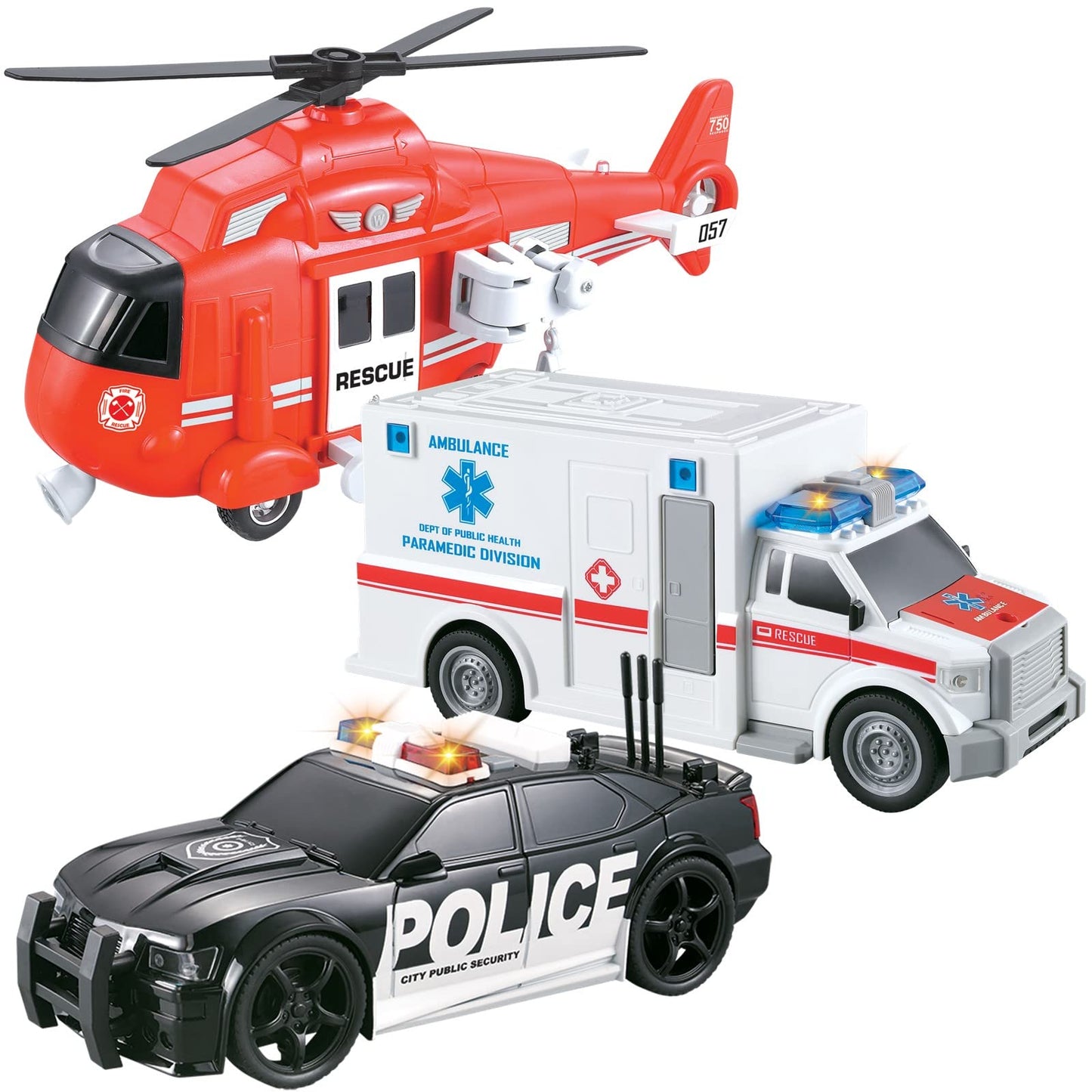 Vokodo 3-Pack City Guardians Friction Vehicles Toy Set – Fire Rescue Helicopter, Police Car & Ambulance Truck for Kids Ages 3-6
