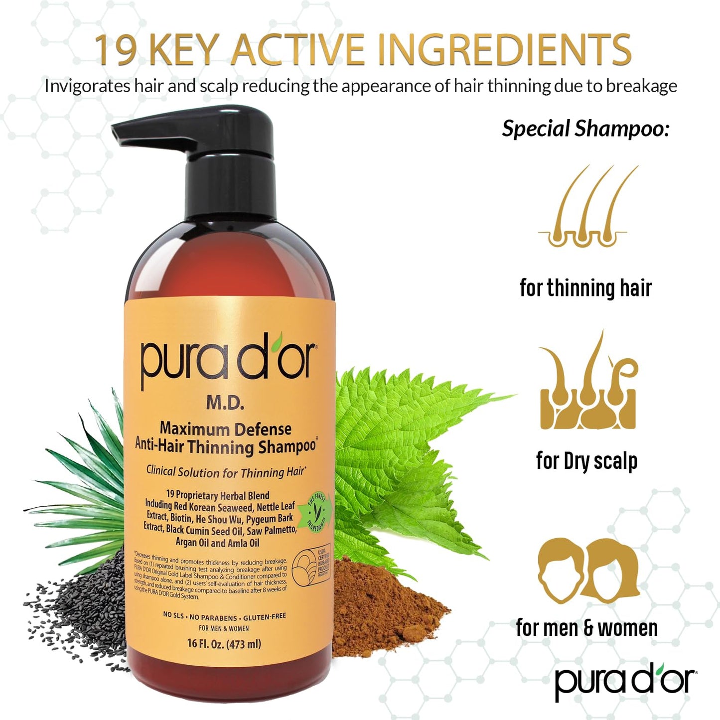 PURA D'OR MD Anti-Thinning Biotin Shampoo & Conditioner Set 16oz x2 – Maximum Defense Herbal Blend for Thicker Hair & Scalp Health