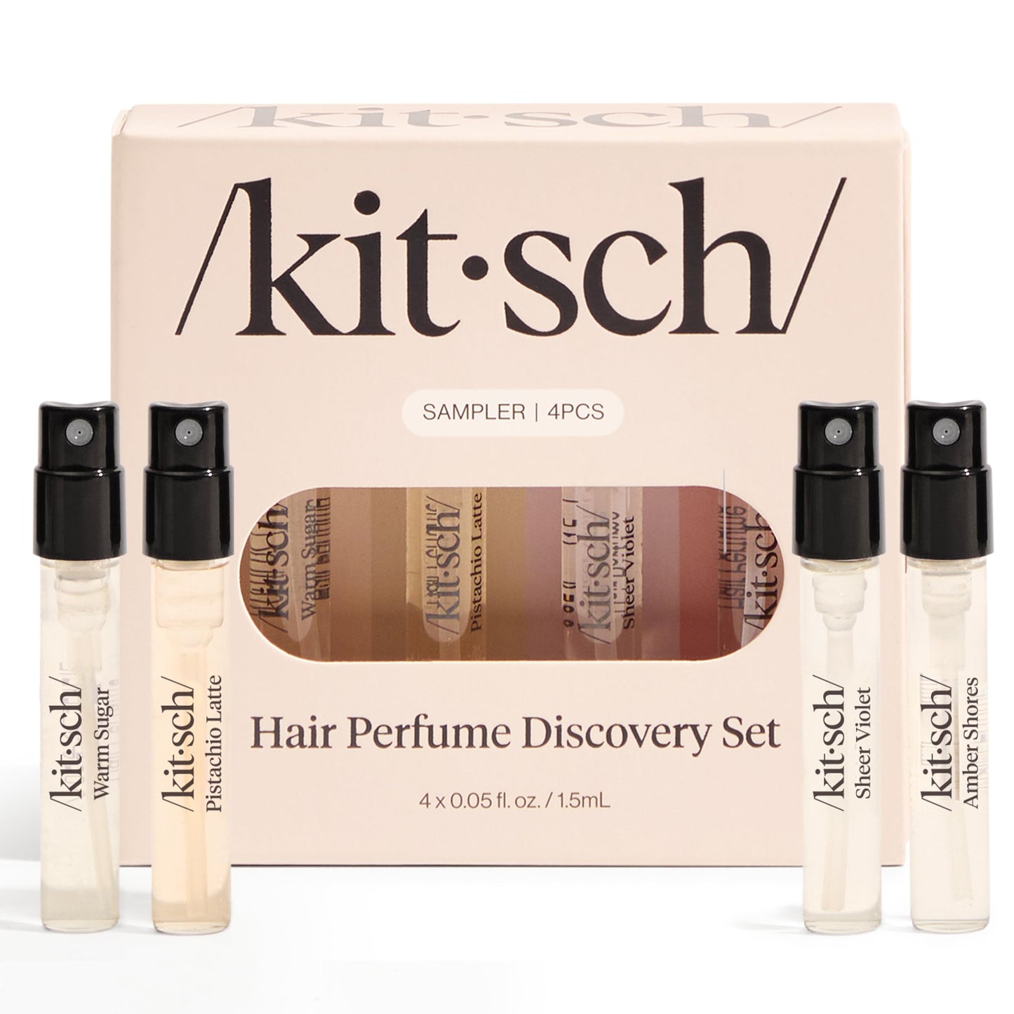 Kitsch Hair Perfume Discovery Set for Women – Pistachio Latte, Warm Sugar, Sheer Violet & Amber Waves – Odor-Eliminating Hair & Body Mist, 4 x 1.5ml