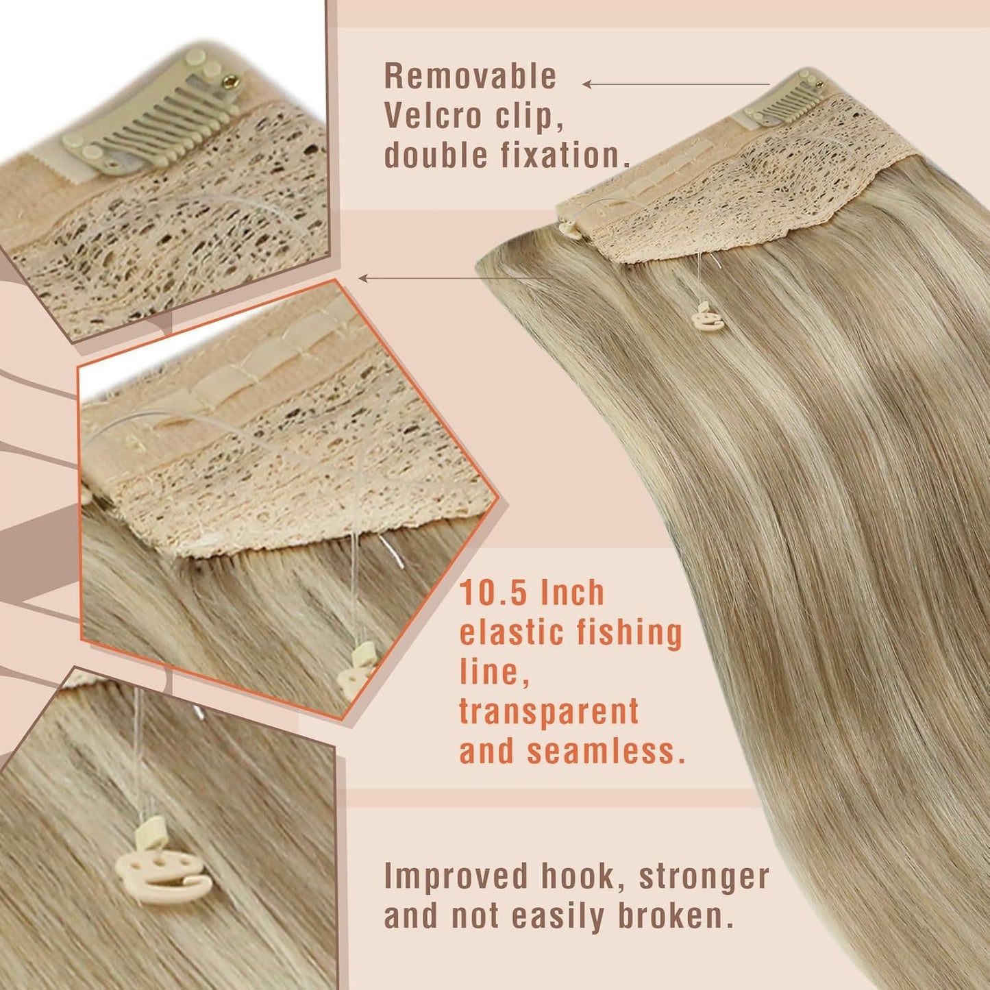 Sunny Hair Invisible Wire Human Hair Extensions – Real Fish Line Extensions Golden Blonde with Medium Blonde Highlights #16/22, 18 Inch