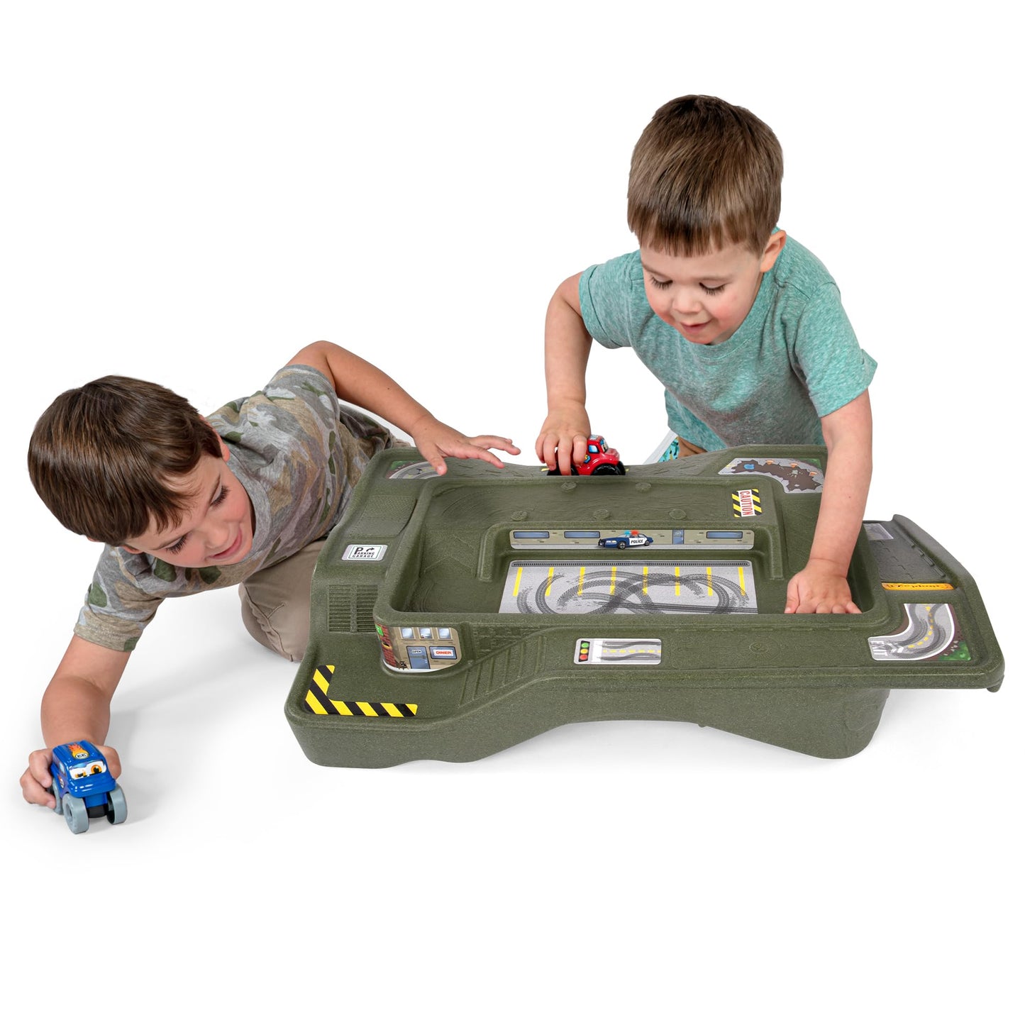 Simplay3 Monster City Extreme Wheels Car Race Track Table - 2 Sided Portable Kids Play Table with 2 Race Trucks - Red or Green - Made in USA
