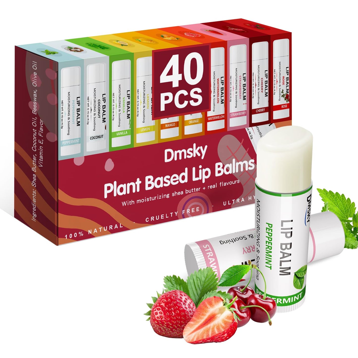 40 Pack Lip Balm Bulk, Fruit Lip Balm Variety Pack, Natural Moisturizing Balms for Dry Cracked Lips, Hydrating for Men Women Kids - 10 Flavors