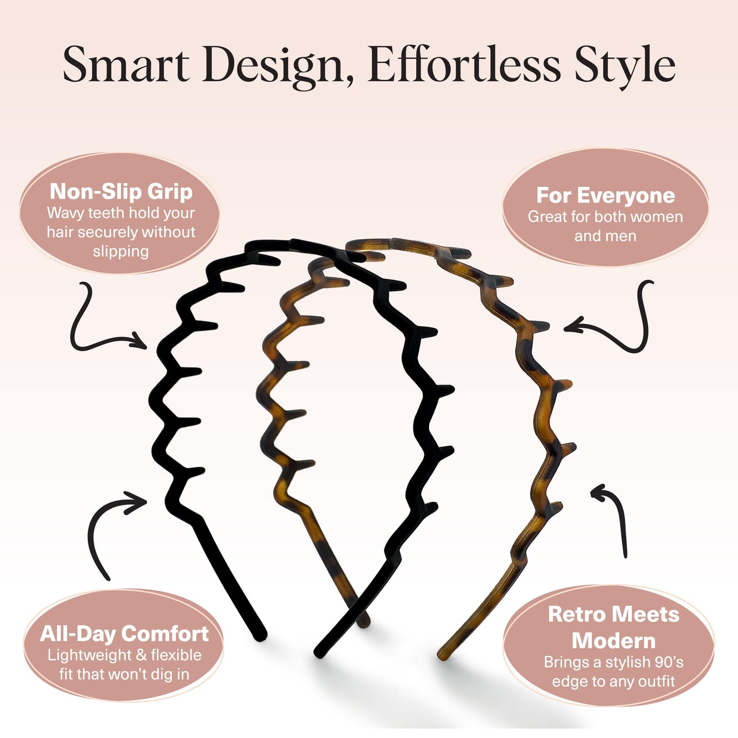 Kitsch Zig Zag Headbands for Women – Non-Slip Comb Headbands for Slicked Back Styles, Comfortable & Stylish, Tortoise & Black, 2 Pack