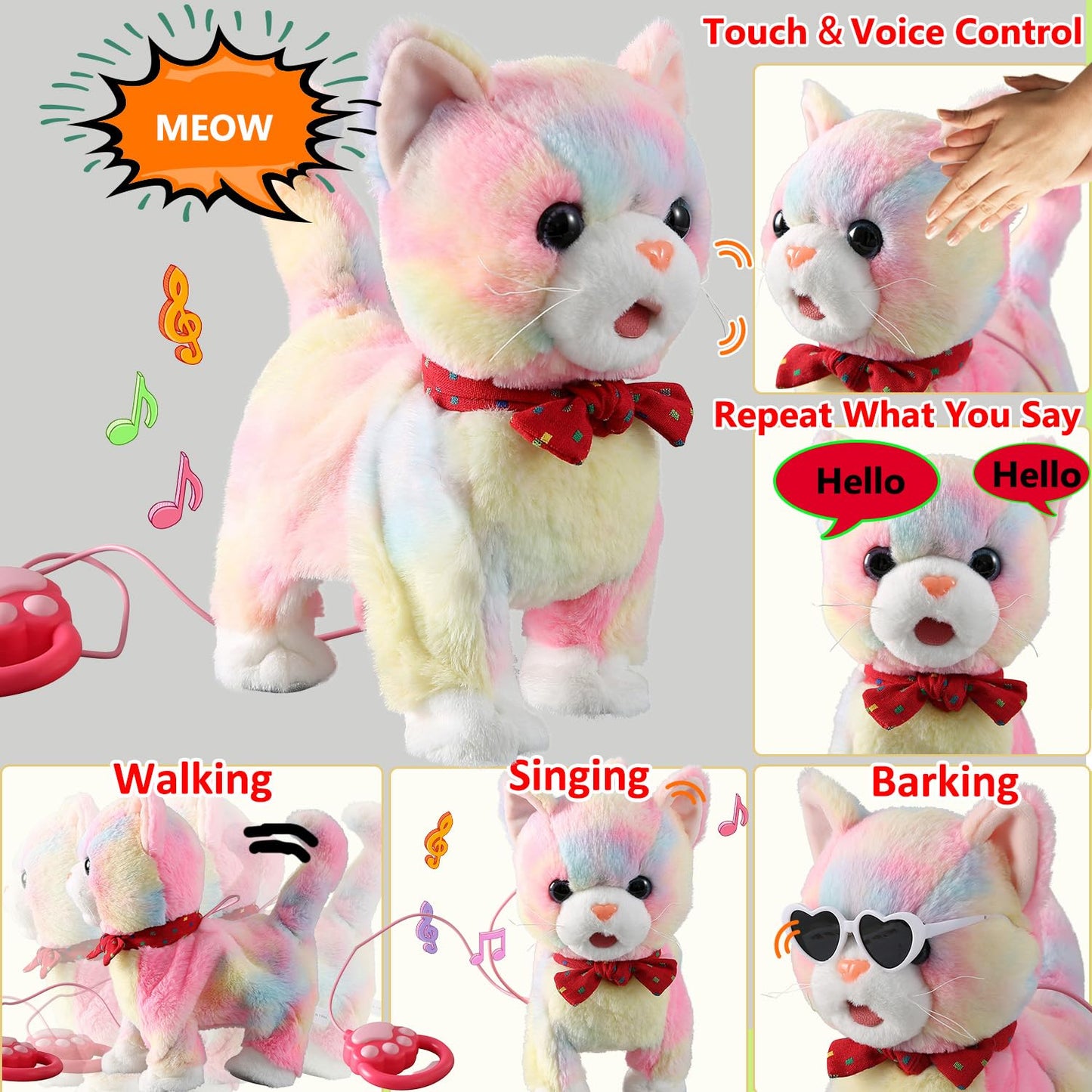 Interactive Talking & Dancing Cat Toy – Colorful Leash, Singing, Voice Control, Mimics Speech, Plush Electric Kitty for Kids & Girls