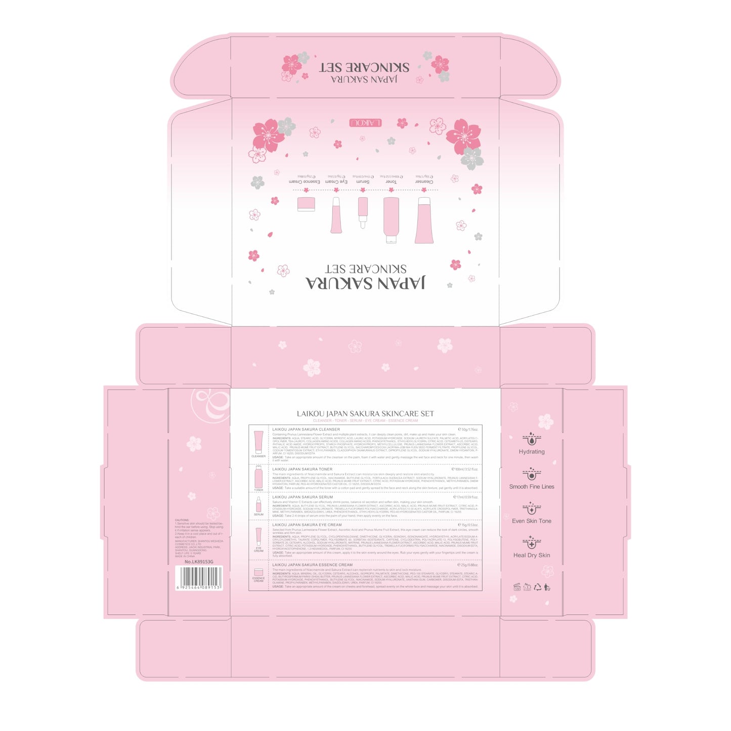 LAIKOU Japan Sakura Skin Care Set for Women – 5 Pcs Travel Beauty Kit with Cleanser, Toner, Serum, Eye & Face Cream – Gift for Mom, Teen Girls