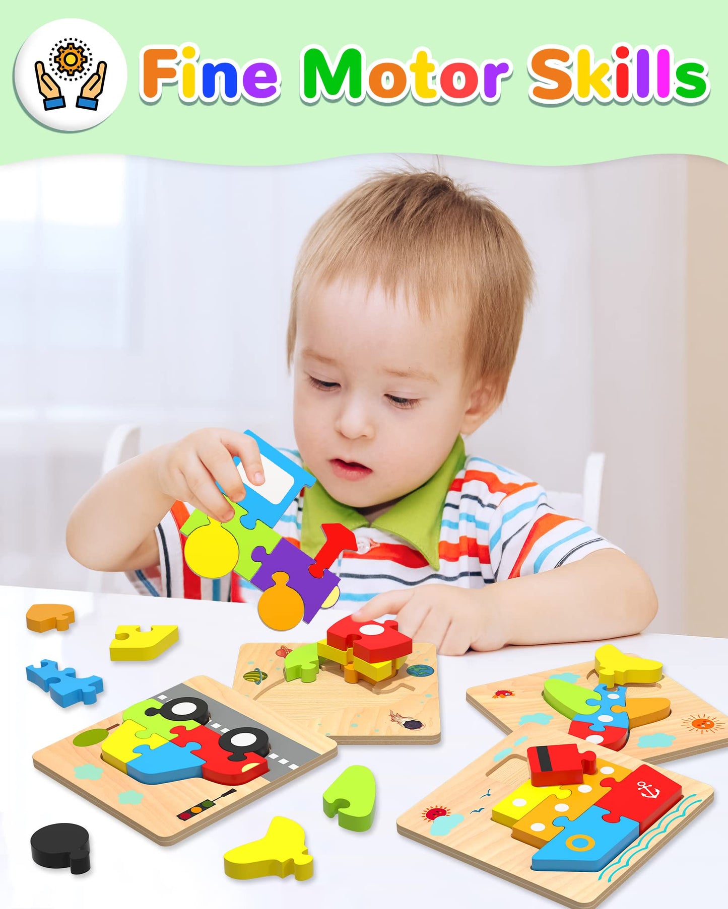 Yetonamr Wooden Toddler Puzzles – 6 Vehicle Shape Montessori Educational Toys for Boys & Girls Ages 1-4, Learning & Gift Toy for Kids